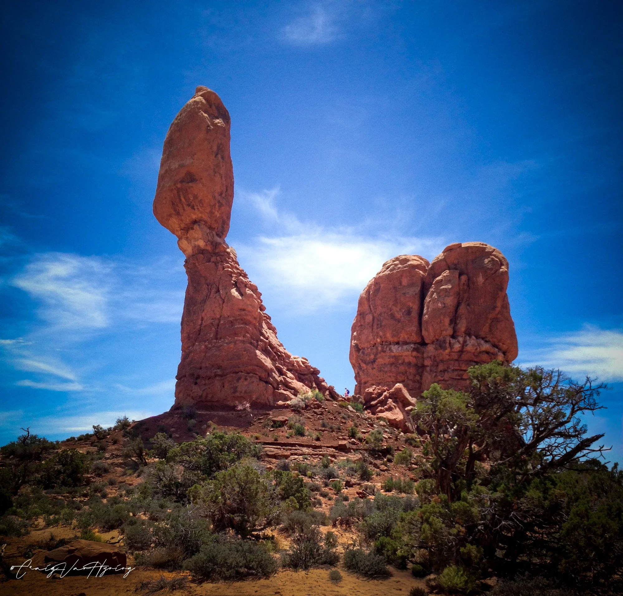 Red rock formations in a desert landscape with sparse bushes and trees, under a bright blue sky with some clouds.