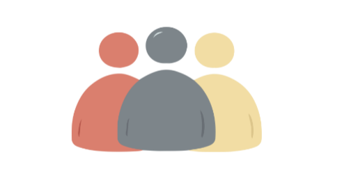 Three stylized human icons in red, gray, and yellow.