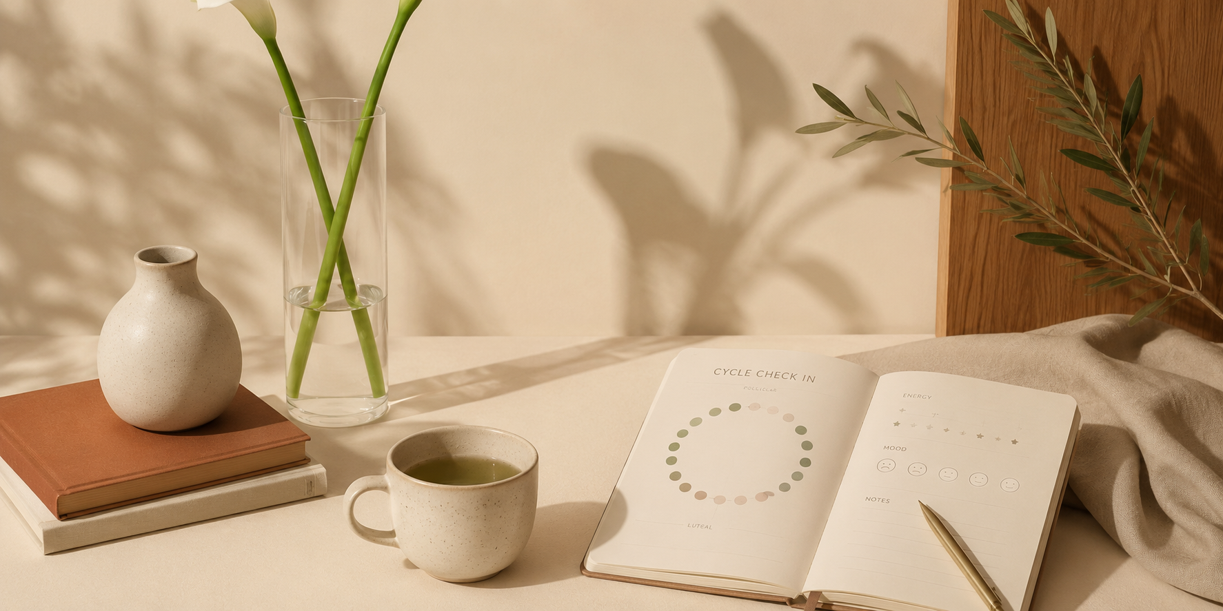 Een tafel met een wit boek, een beker met groene thee, een potlood, een blaadje met een tak en een vaas met twee bloemstelen.