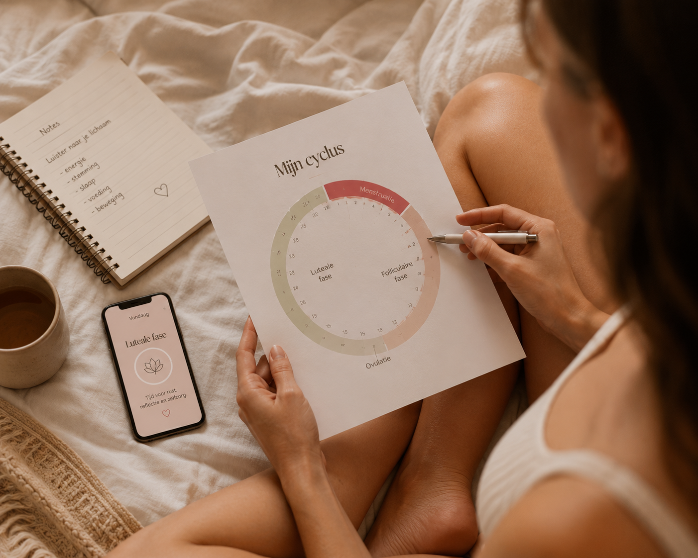 Een persoon houdt een diagram of cyclus tracker van haar cycli vast, met de dagen van de luteale fase en menstruatie. Er liggen ook een notitieboekje, een smartphone met een app voor luteale fase, en een kop thee op bed.