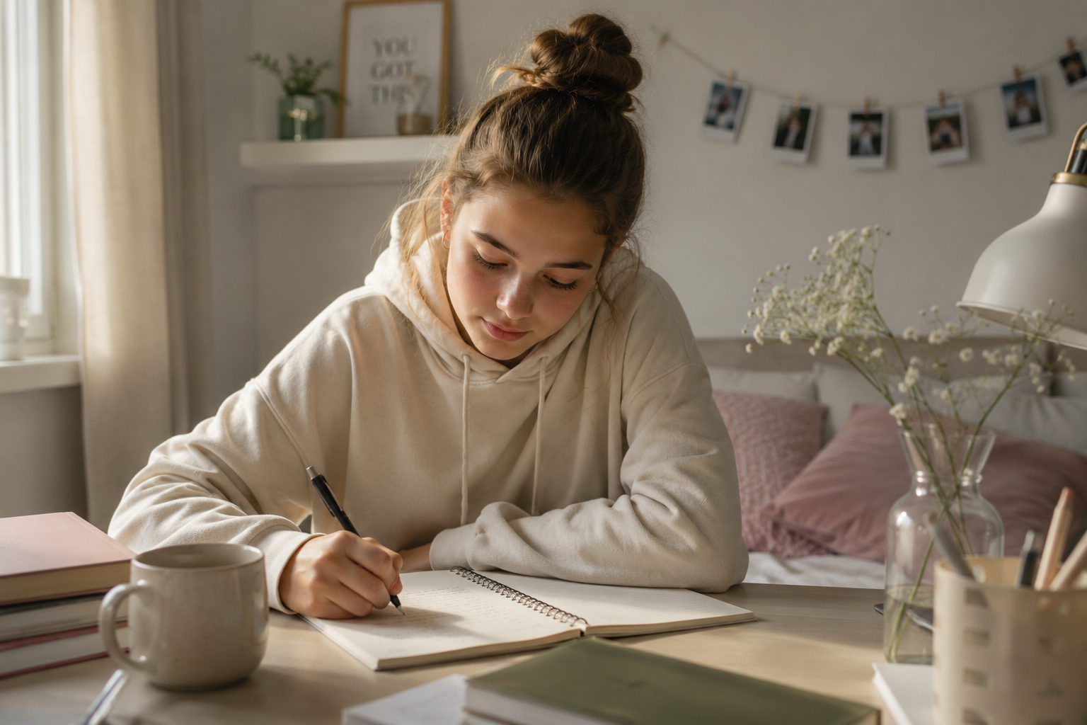 Een jonge vrouw schrijft in een schrift op een windsing met een pen, omringd door boeken en een kopje, in een gezellige, licht versierde kamer.