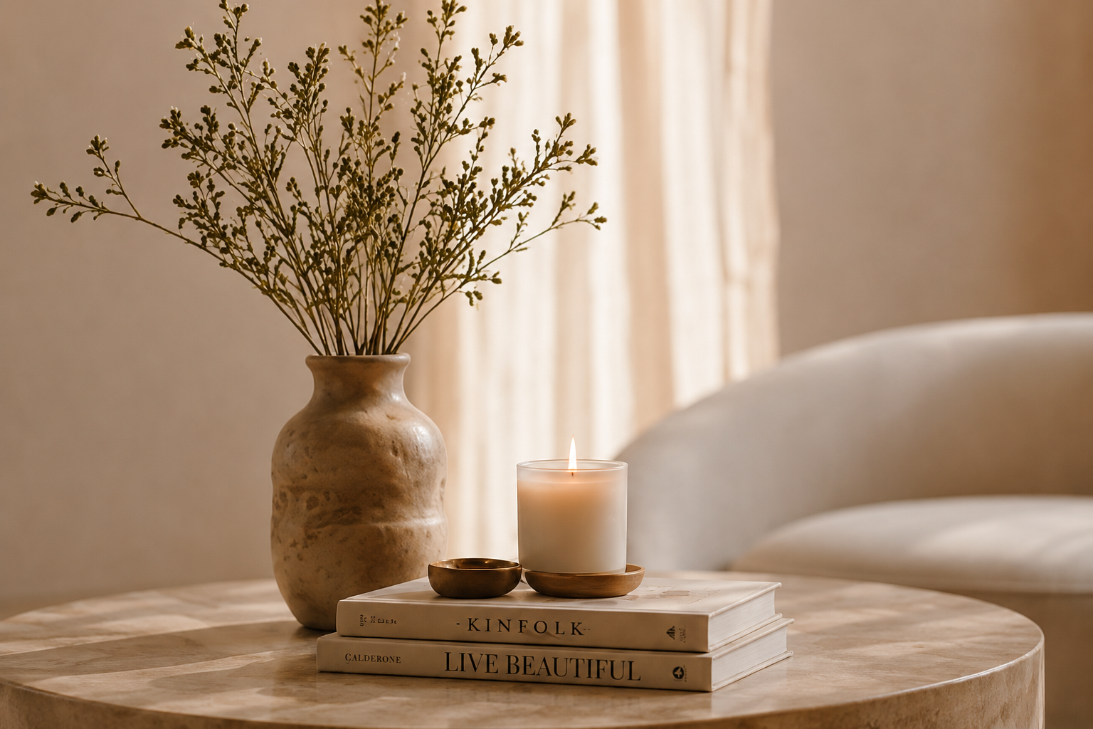 Decoratief tafelstuk met een vaas met takken, een brandende kaars en drie boeken op een ronde, houten tafel in een natuurlijke, warme setting. Stories