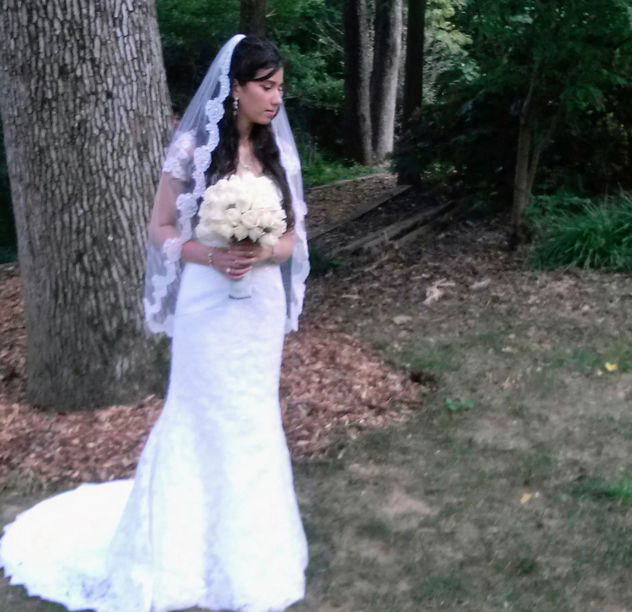 A bride in a white wedding gown and veil holding a bouquet of white roses, standing outdoors near a tree, with a forest background.