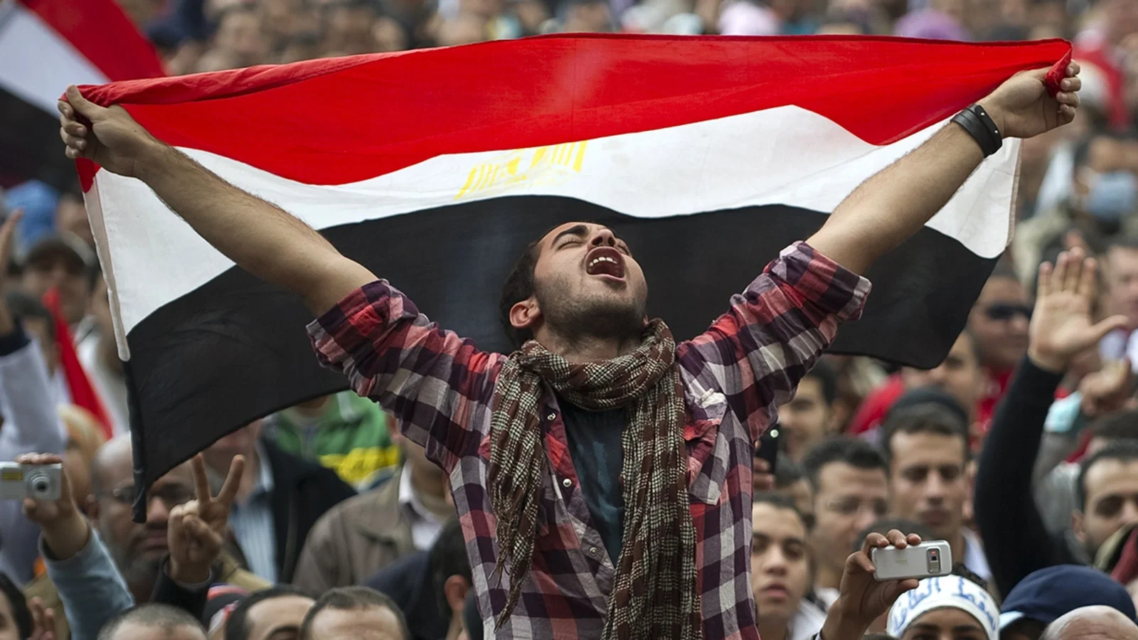 A man holding an Egyptian flag with a crowd of people in the background at a public gathering or protest.