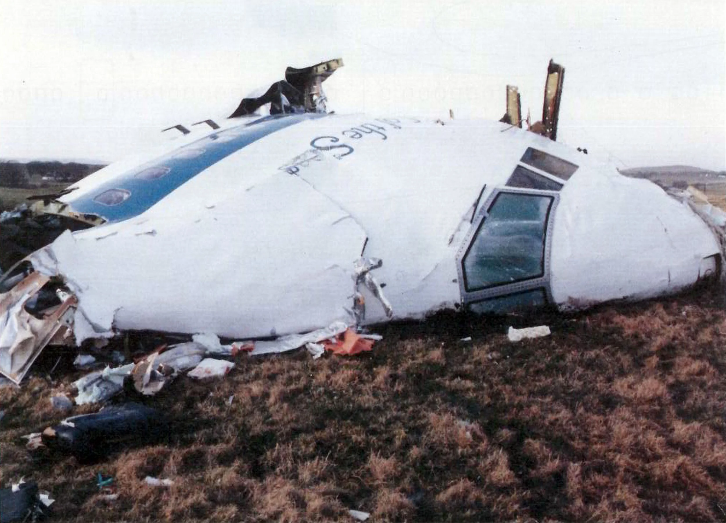 Wreckage of a crashed airplane lying on a grassy field