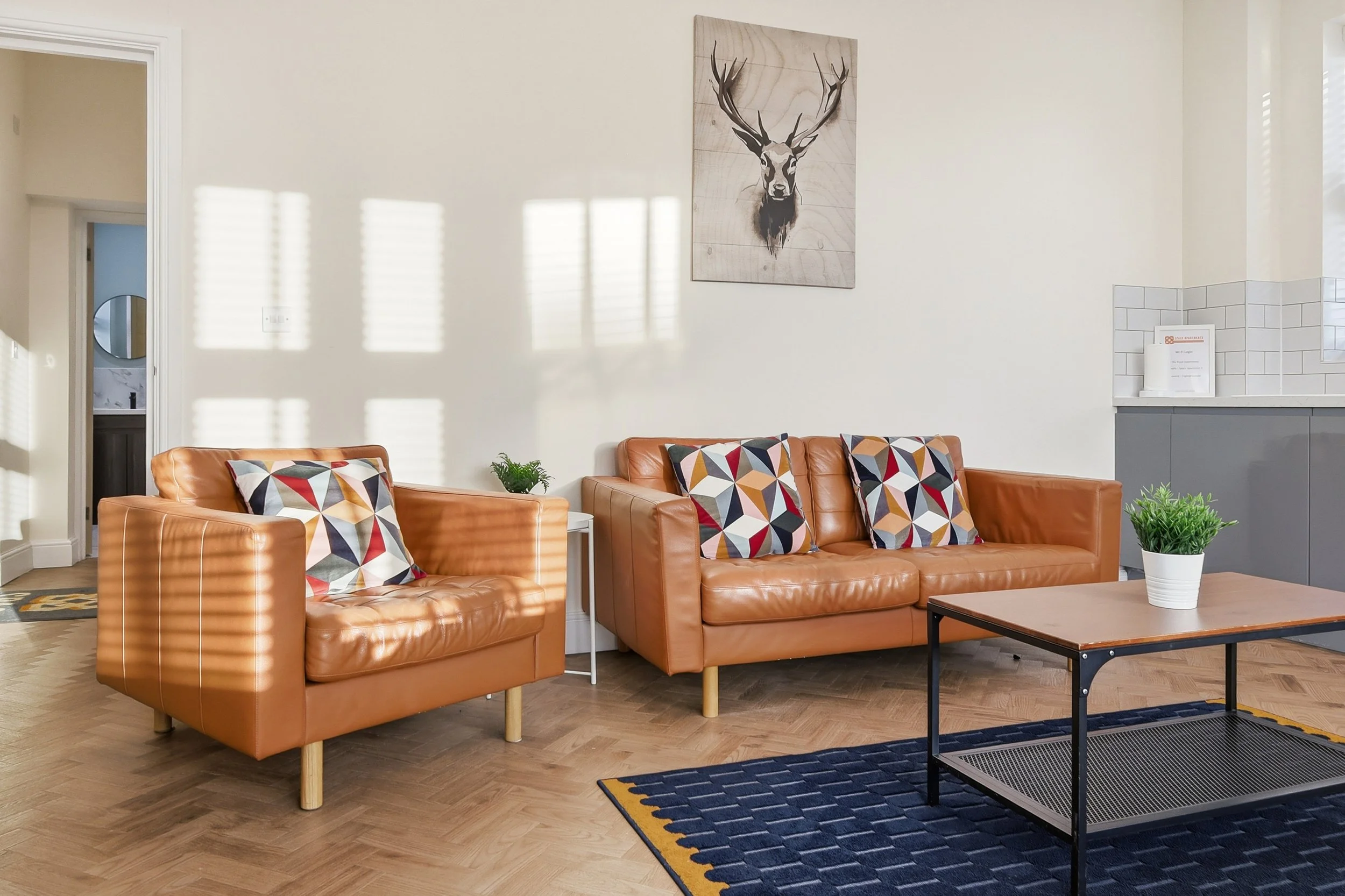 Living room with two tan leather sofas, patterned pillows, a wooden coffee table with a potted plant, and a framed deer head poster on a white wall. Sunlight creates shadows through window blinds.
