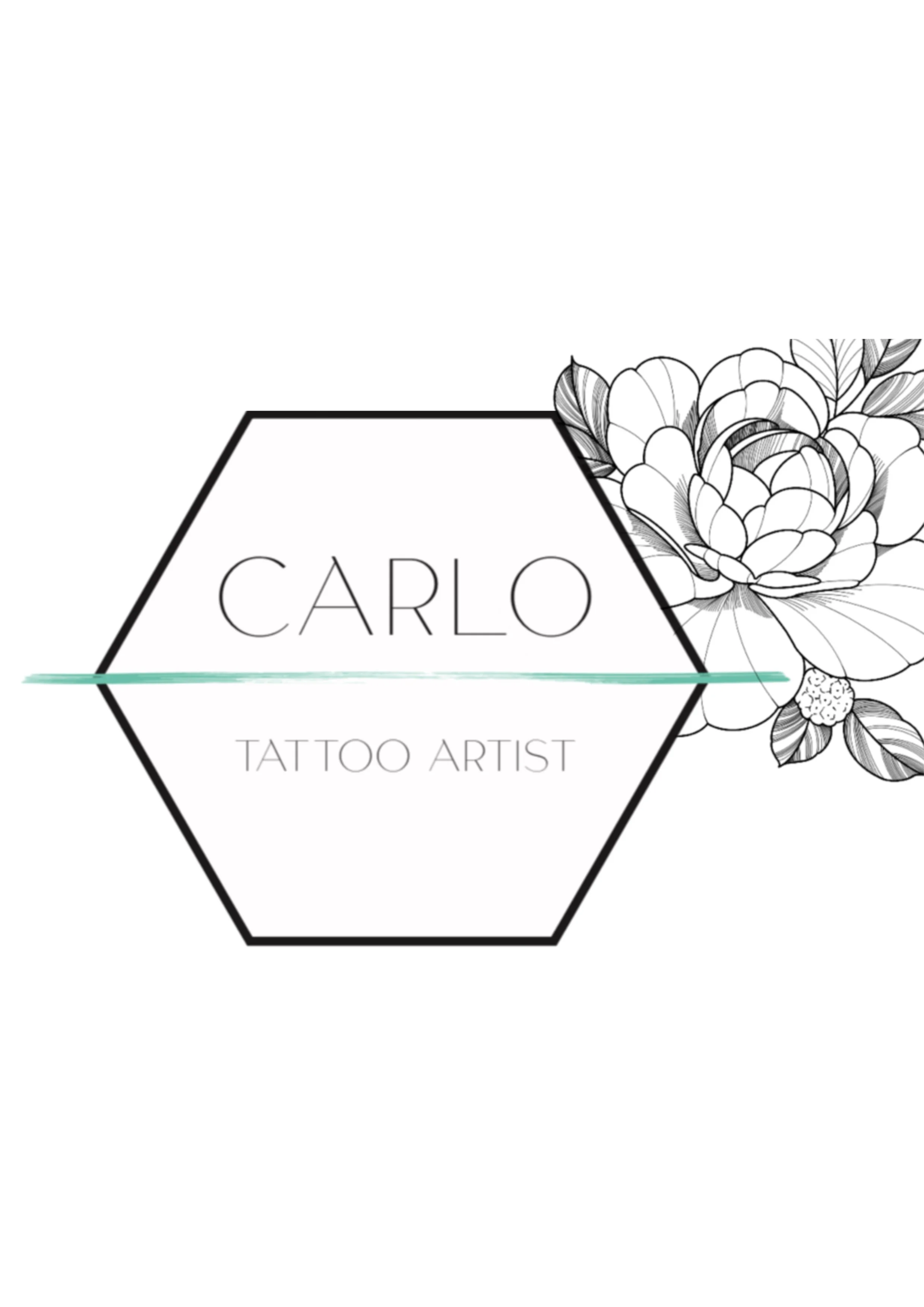 Logo for Carlo tattoo artist with a black hexagon outline, floral illustration on the right, and the text 'Carlo' and 'Tattoo Artist' inside.