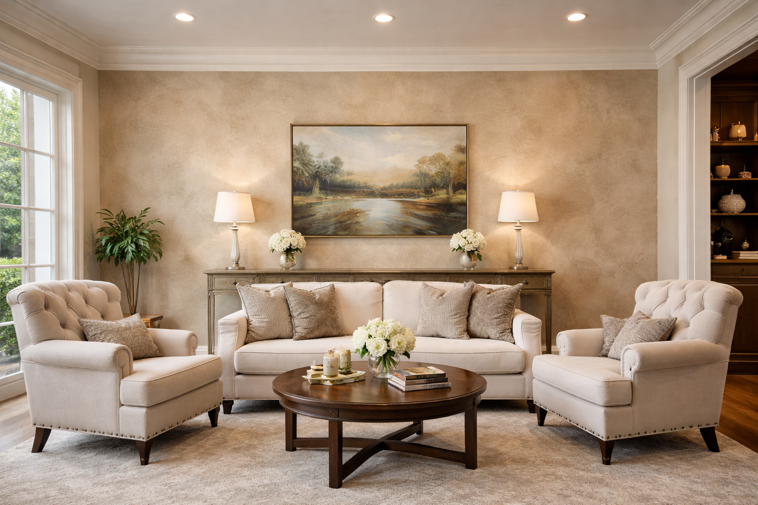 Living room with cream-colored sofa and two armchairs, a round wooden coffee table with candles, books, and a floral centerpiece, beige walls, large window, artwork of a river scene, two lamps on a console behind the sofa, potted plant to the left.