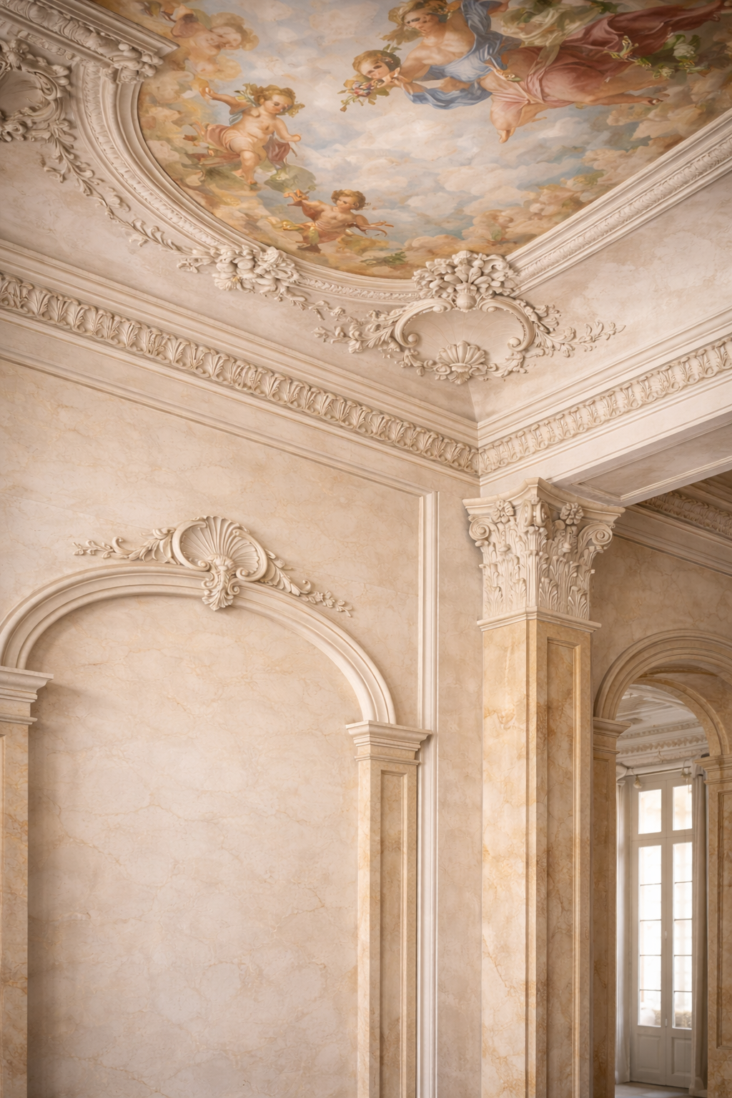 Ornate ceiling mural with cherubs and angels, surrounded by intricate plaster molding, in a luxurious interior with marble walls and large windows.