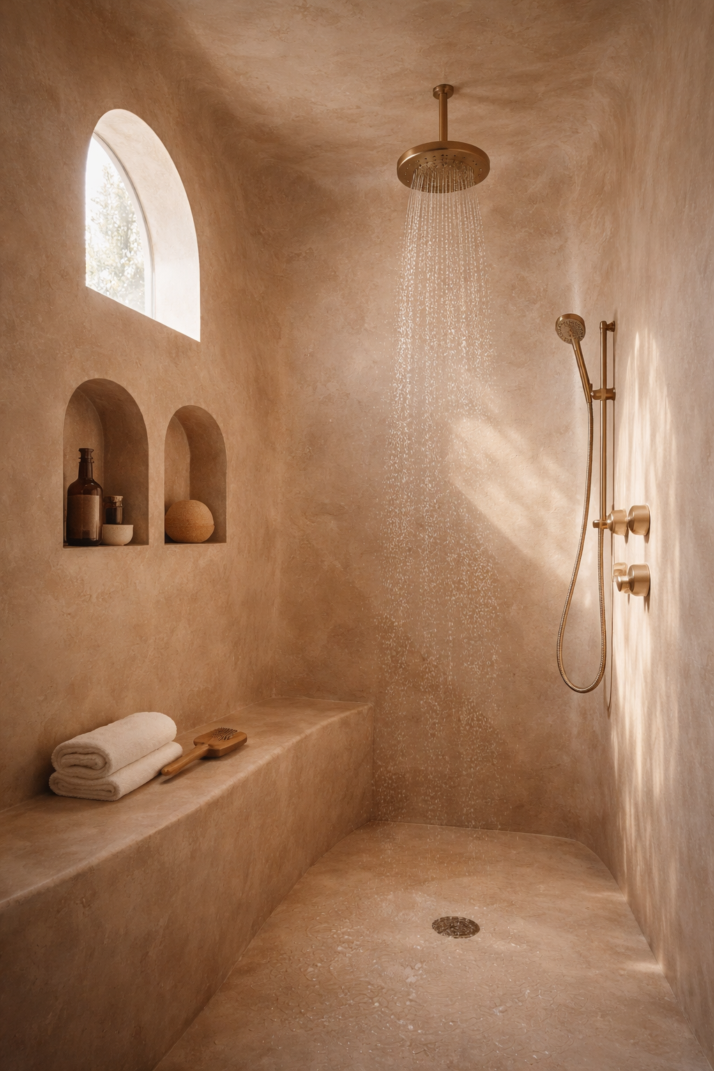 A minimalist, beige-colored shower with built-in shelves, towels, a wooden brush, and a window letting in natural light.