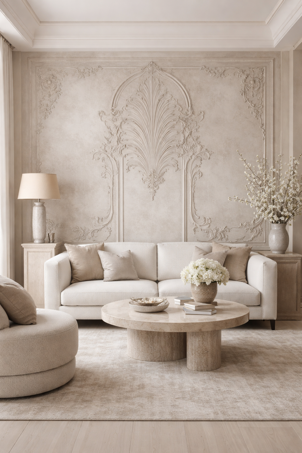 Elegant living room with cream-colored sofa, beige pillows, marble coffee table with white flowers, and decorative wall panel with intricate carvings.