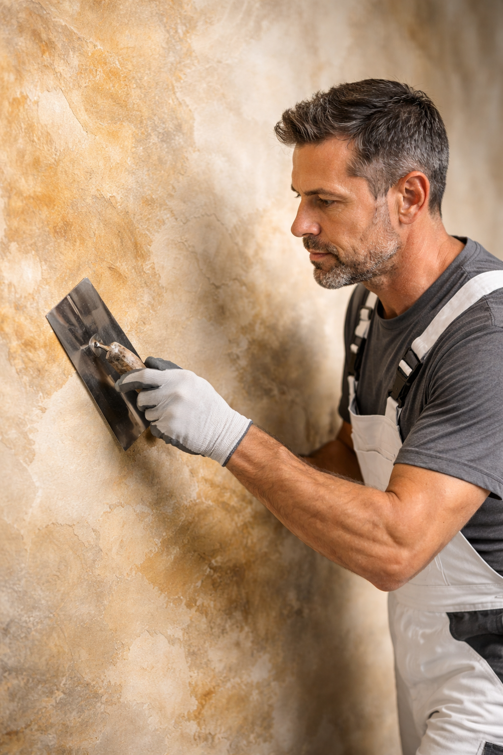 Golden Line Rendering team member demonstrating professional decorative plastering techniques and quality assurance