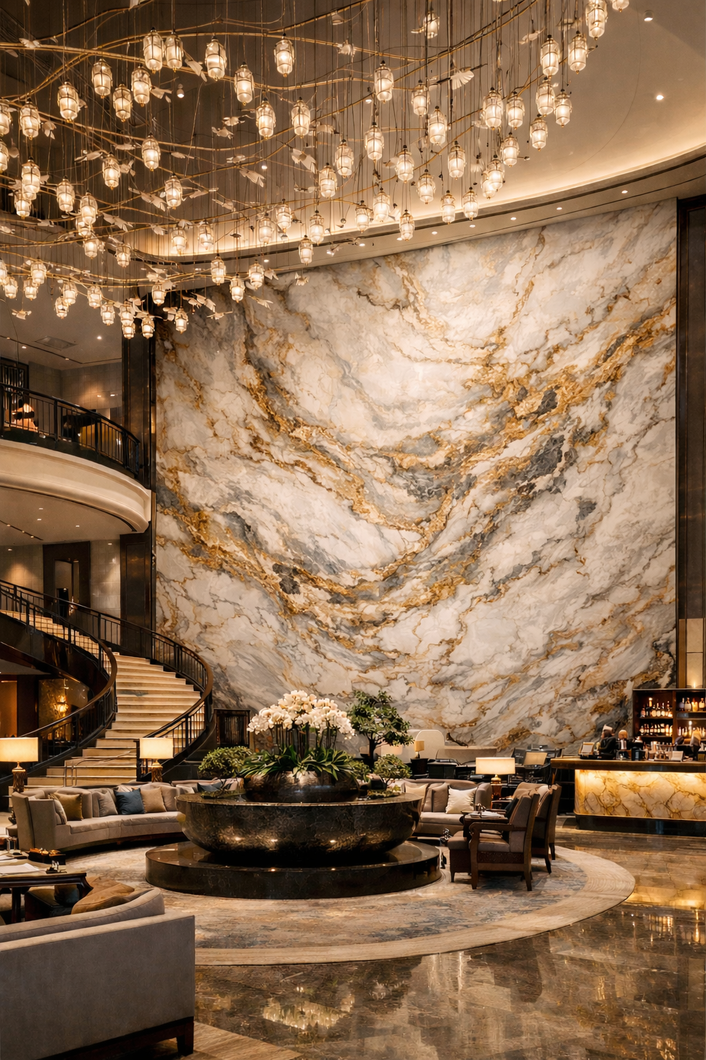 An elegant hotel lobby with a high marble wall, a chandelier made of glowing jar lights, and a circular seating area decorated with white flowers and greenery.