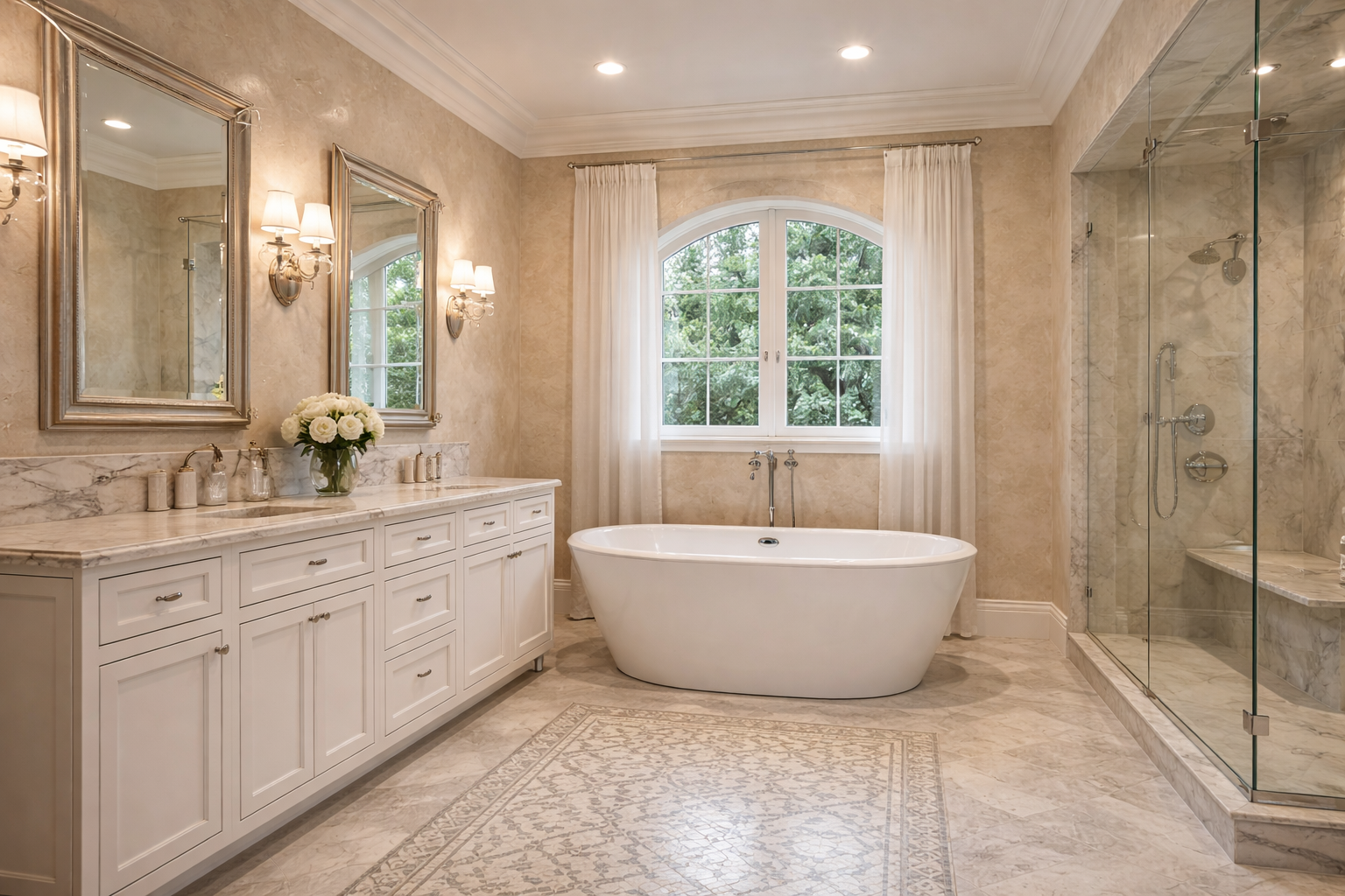 Bathroom with freestanding bathtub, double vanity with mirror, glass shower enclosure, marble floors, and window with white curtains.