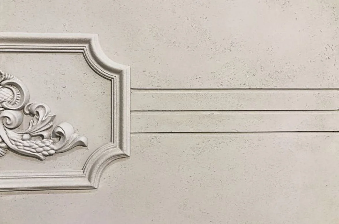 CASTELLO travertine stone coating sample, open pitted texture in Travertine White — Elf Decor · CASTELLO ground travertine coating sample, banded stone effect in Warm Beige — Elf Decor