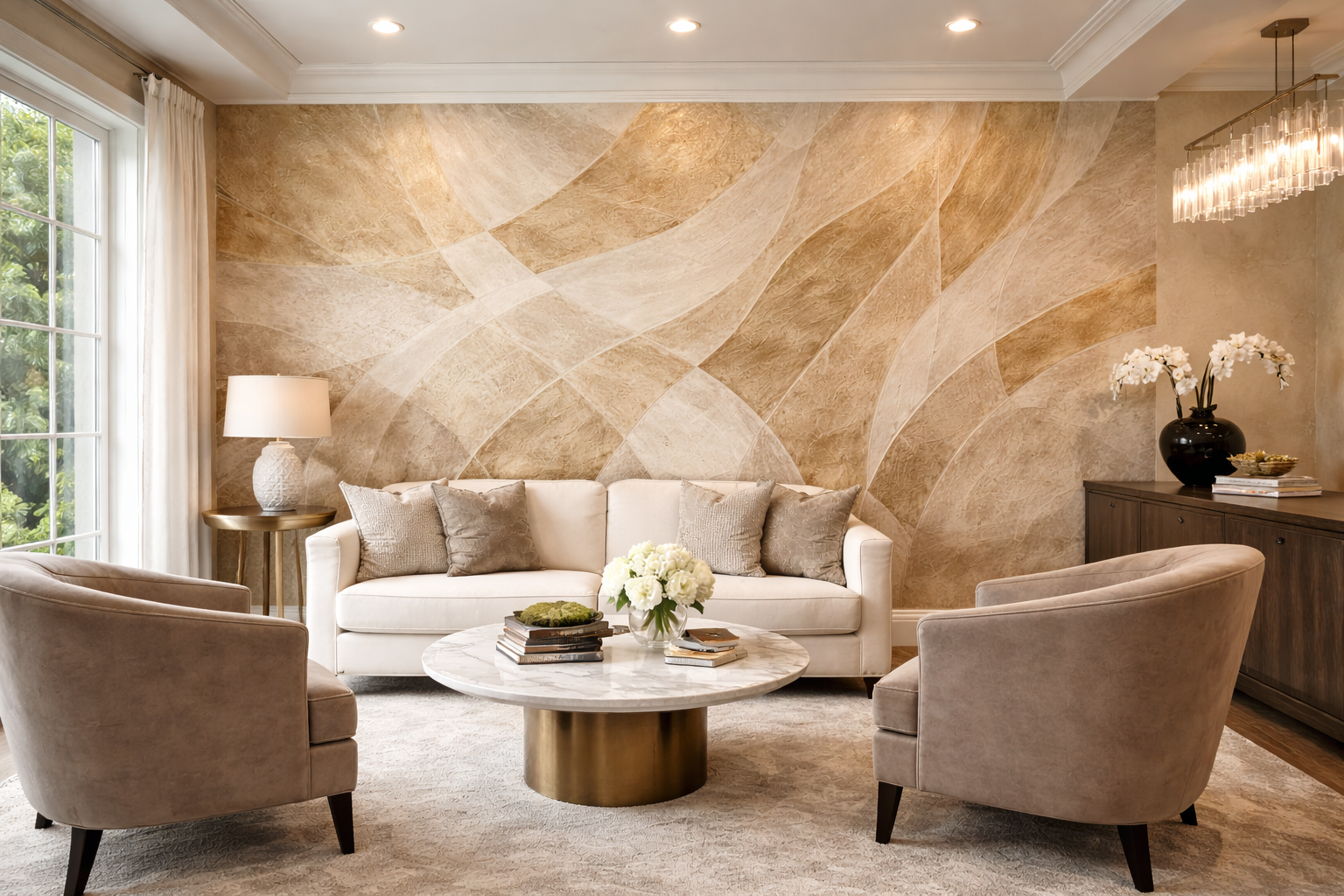 Living room with beige walls and marble-patterned accent wall, white sofa with gray pillows, two beige armchairs, marble coffee table with flowers, window with white curtains, side table with lamp, black vase with white flowers, wooden sideboard, and modern chandelier.