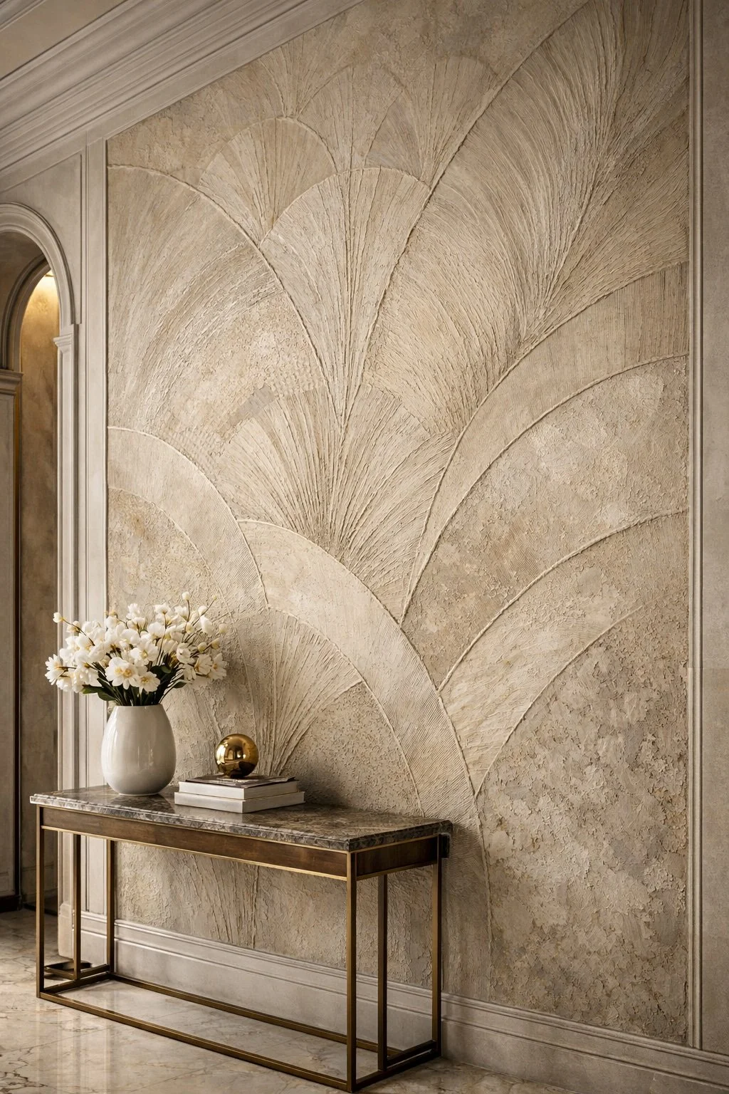 Elegant textured plaster wall with decorative rendering adding dimension to modern interior