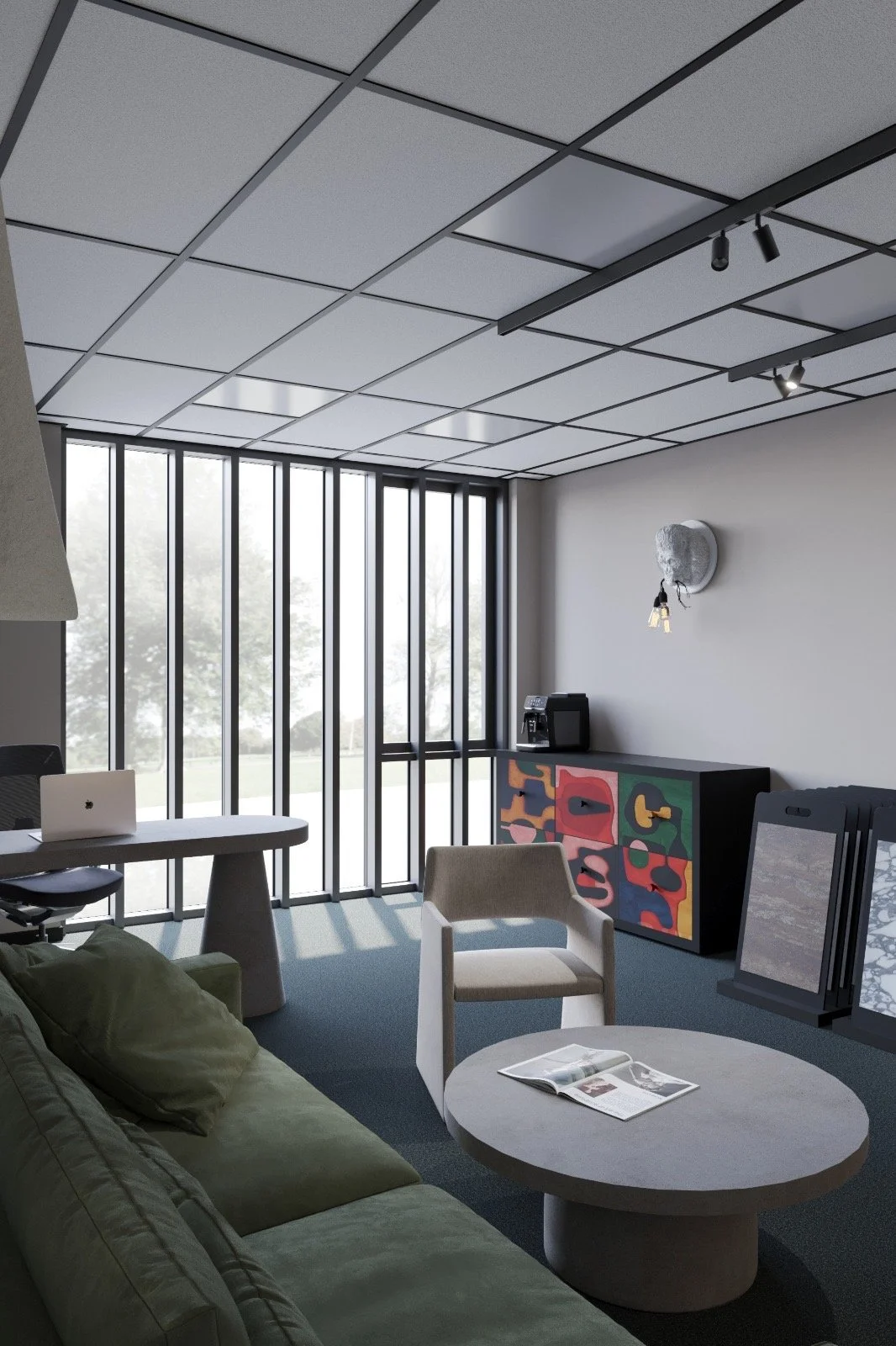 Modern office or lounge with large window, sofa, armchair, round coffee table with magazine, colorful cabinet, and wall decor.