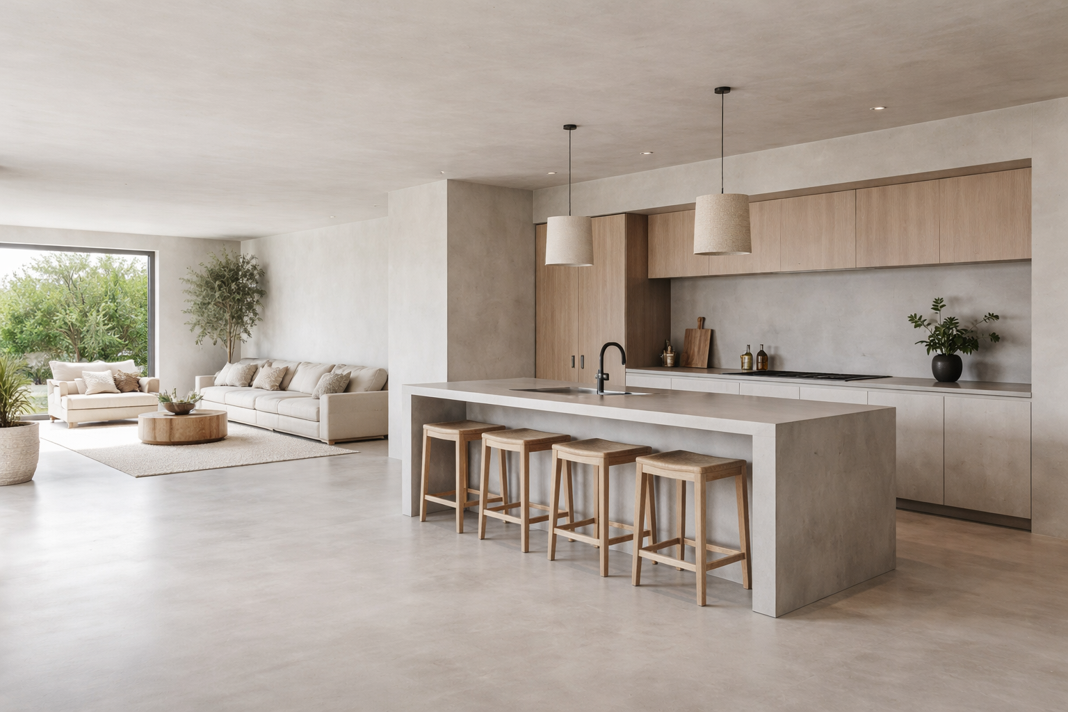 Modern, minimalist kitchen and living room with neutral tones, featuring a large kitchen island with four wooden stools, pendant lights, and a sideview of a sofa and large window with greenery outside.