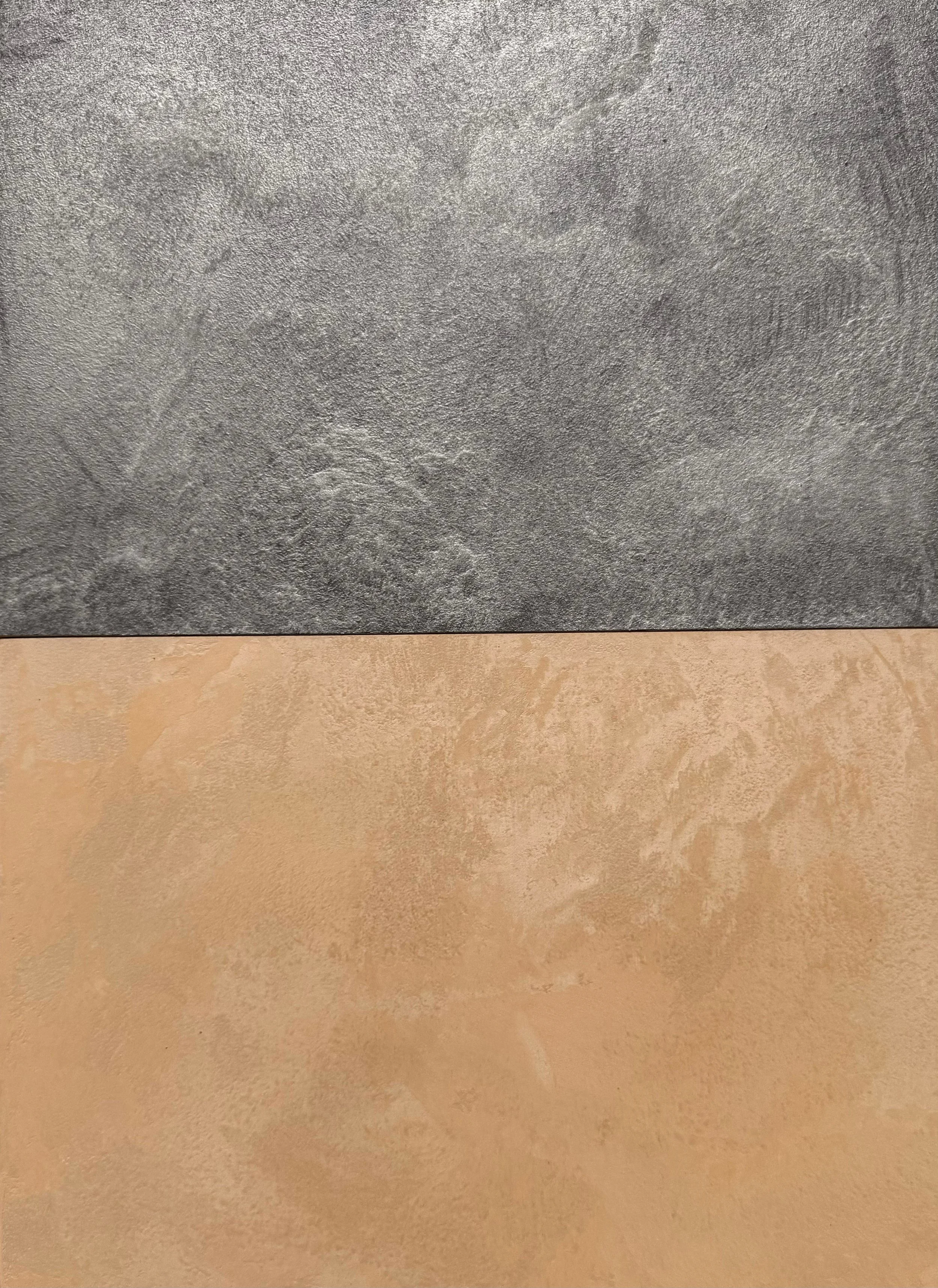 Close-up view of two textured surface materials, with the upper one being dark gray and rough, and the lower one being light brown and smoother.