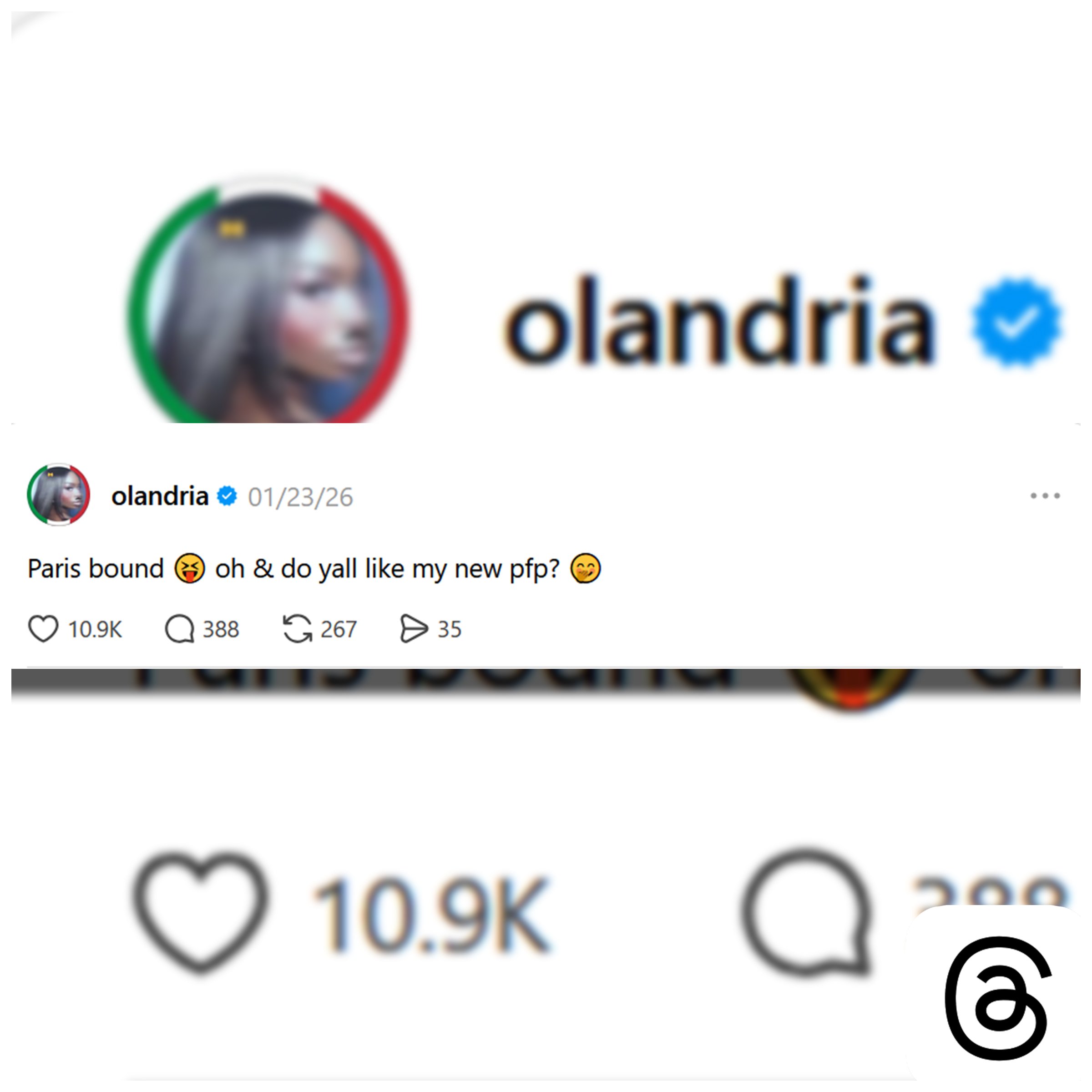 Threads: Paris bound 😝 oh &amp; do yall like my new pfp? 🤭