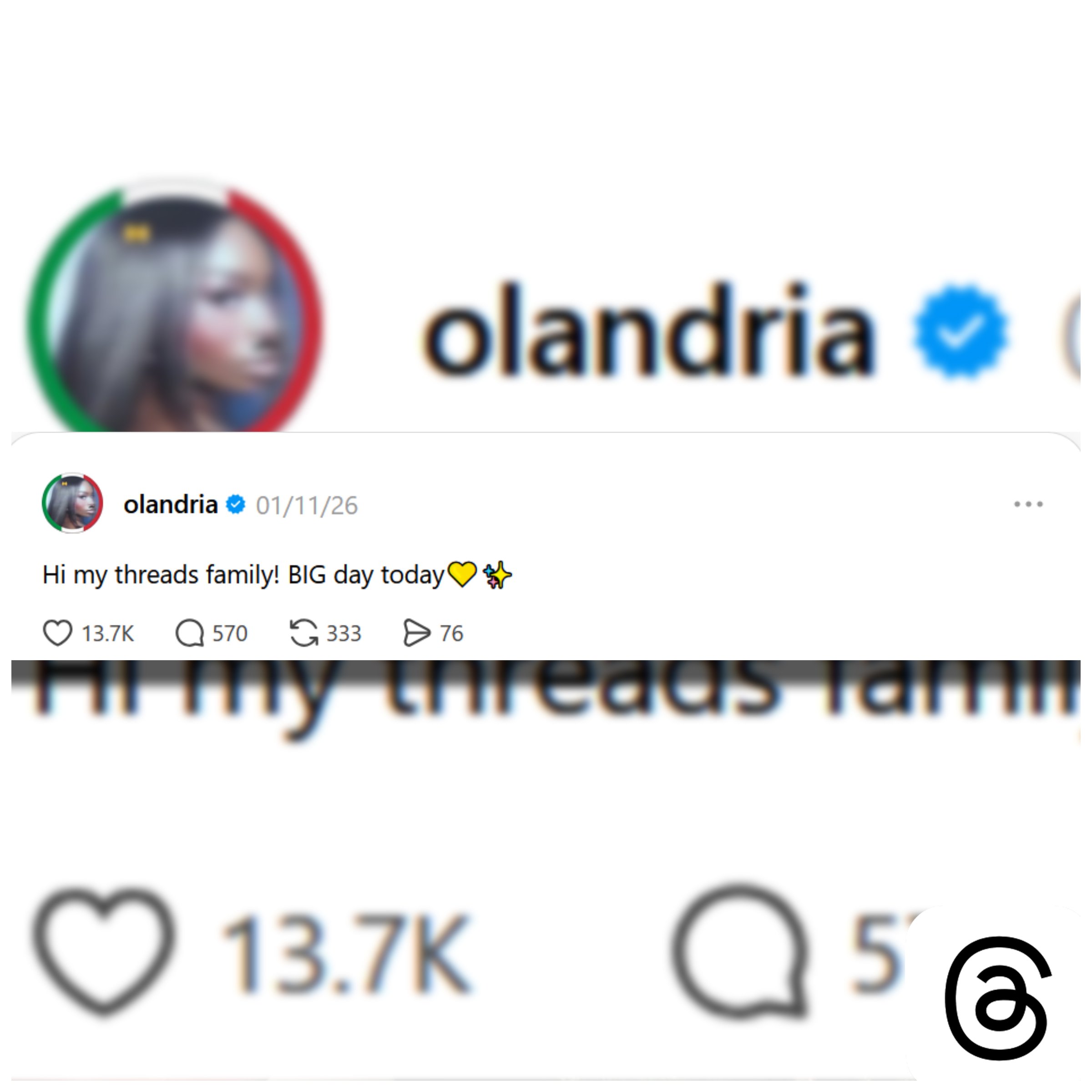 Threads: Hi my threads family! BIG day today💛✨