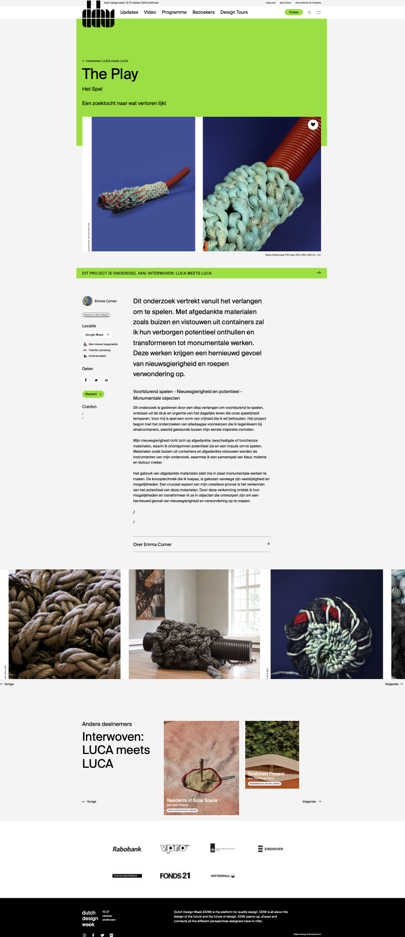 Website page about an art project featuring textile sculptures made from thick, intertwined yarns and ropes, with images of the artworks and descriptions in Dutch.