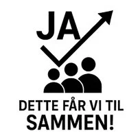 Grafikk med tre personer og en stigende pil, tekst på norsk som sier 'Ja, dette får vi til sammen!'