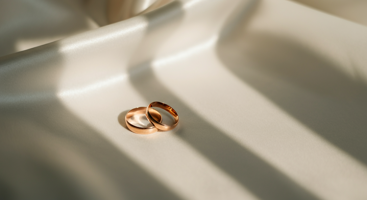 Zwei goldene Eheringe liegen auf einer weißen Oberfläche, umgeben von Schatten.