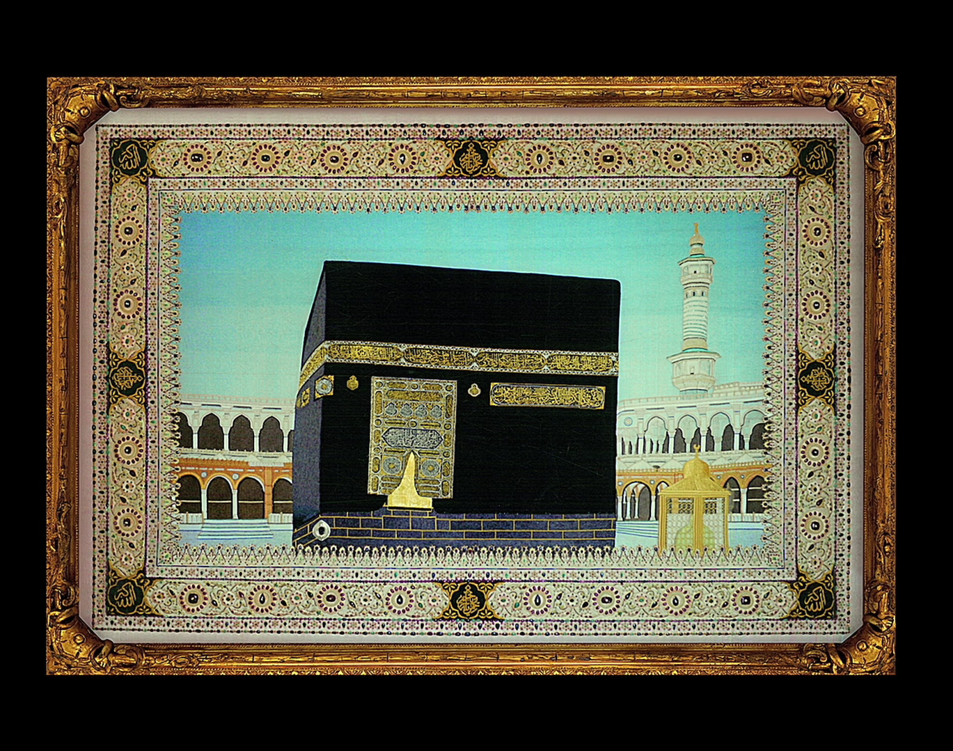 Painting of the Kaaba, a black cube-shaped building with gold decoration, in the courtyard of the Masjid al-Haram in Mecca, Saudi Arabia, with surrounding arches and minaret in the background.