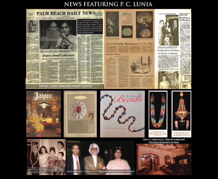 Collage of newspaper articles, jewelry, art, and photographs showcasing P. C. Lunia's collection and residence in India.