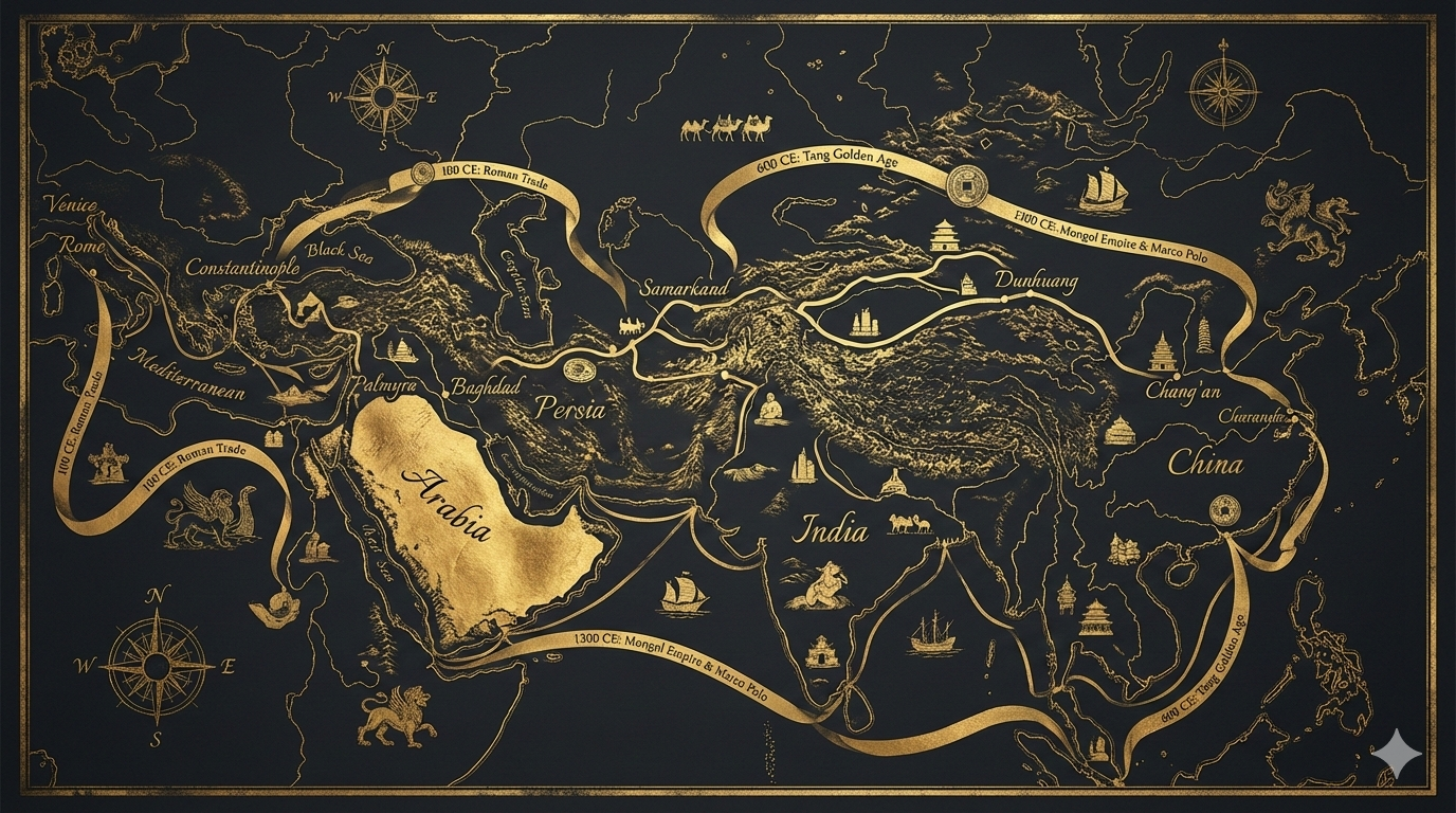 A decorative historical map of Asia and the Middle East with gold illustrations on a dark background, depicting ancient empires, cities, and trade routes, with labels of regions and notable landmarks.