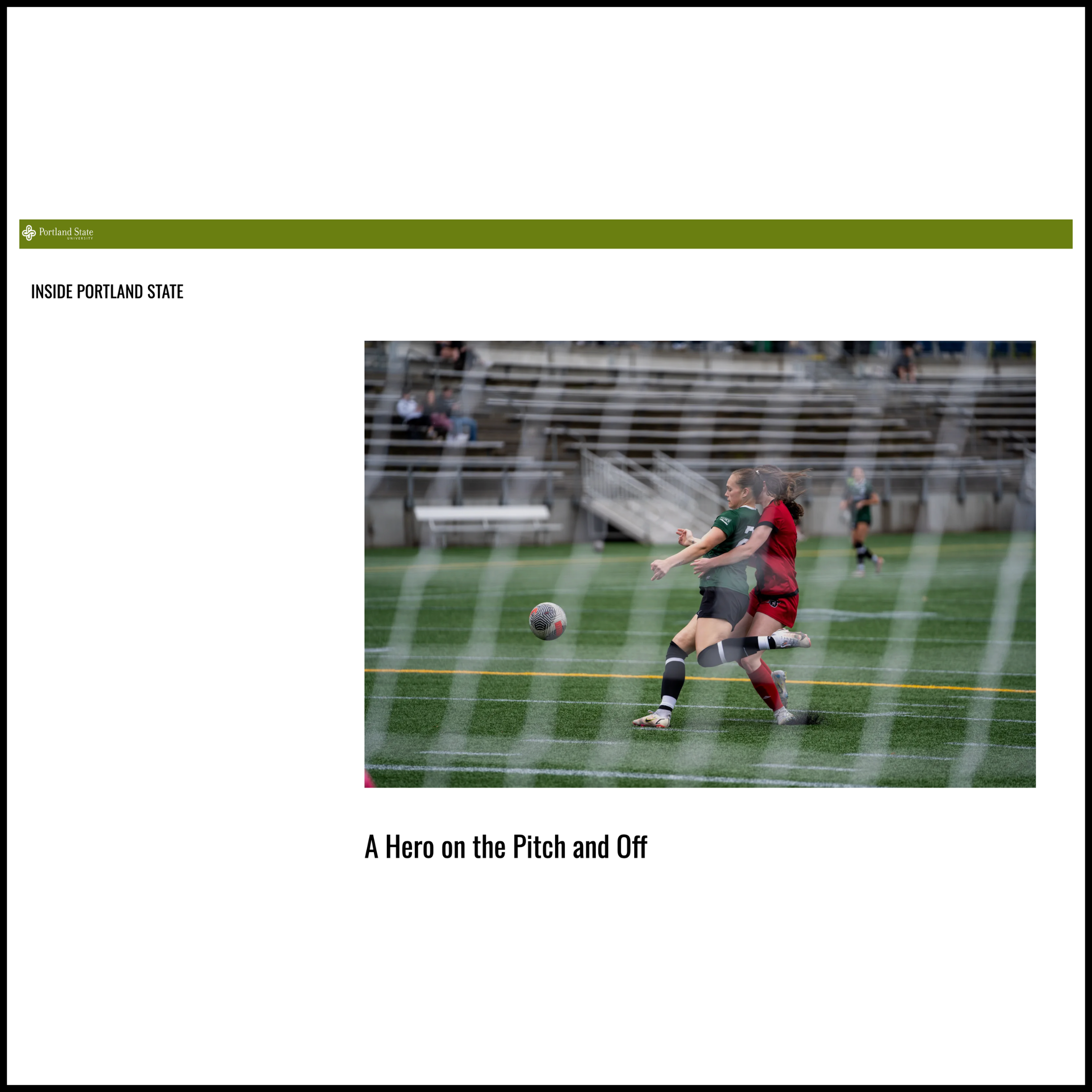 Two female soccer players in action on the field, one in a green jersey and the other in a red jersey, competing for the ball during a game at Portland State University.