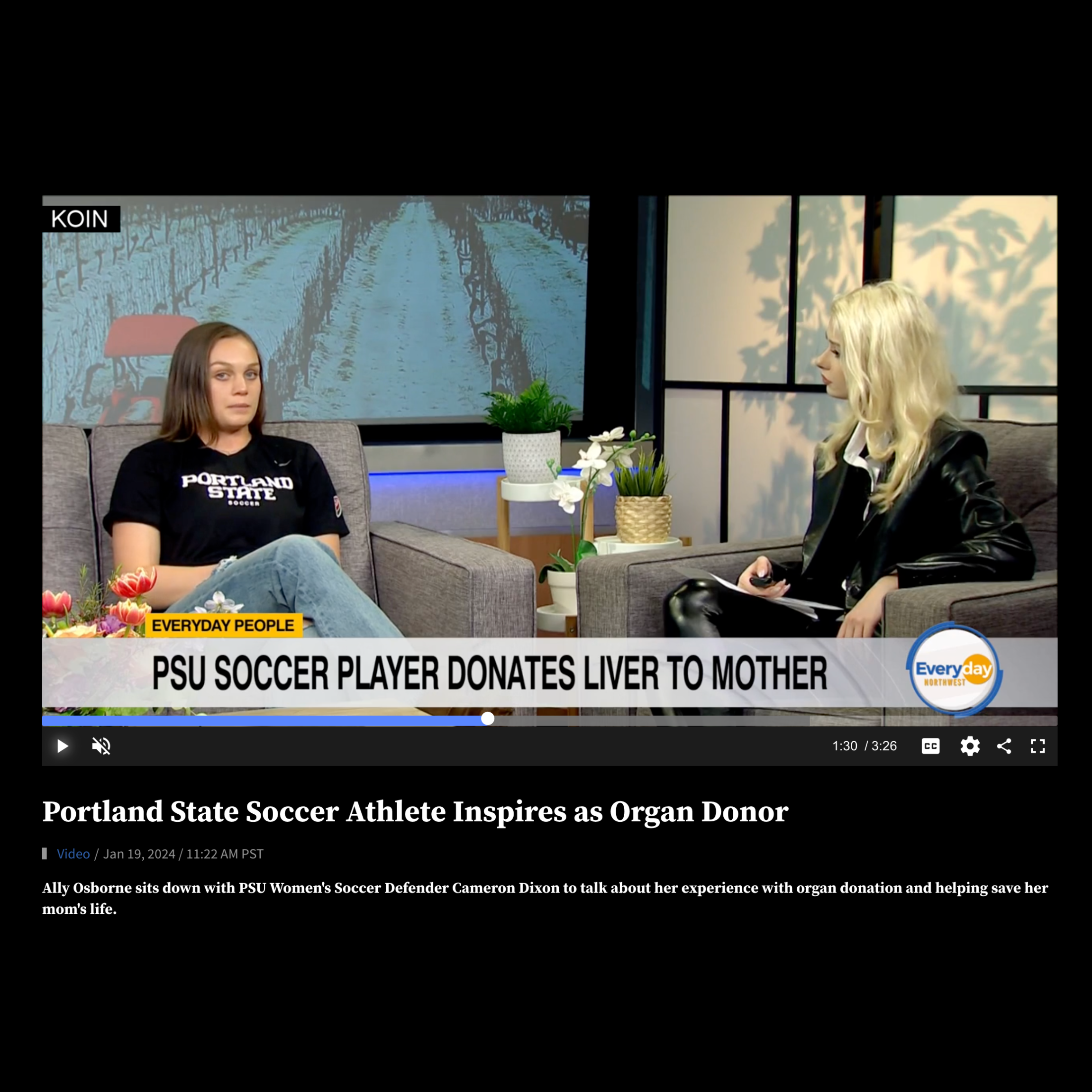 A woman in a black Portland State shirt sits on a couch being interviewed by a woman with blonde hair in a dark leather jacket, in a TV studio with plants and a large screen behind them displaying a vineyard. The news caption reads "PSU SOCCER PLAYER