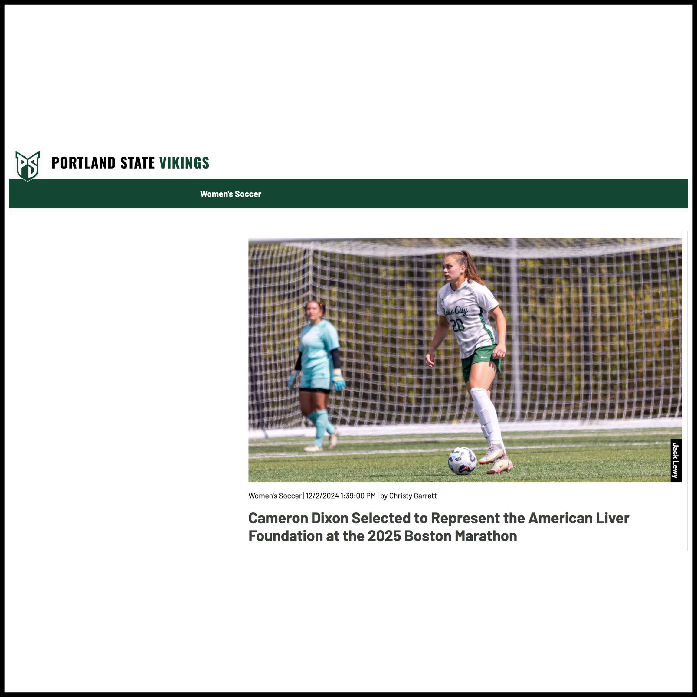 A women's soccer game with a player in green and white uniform and a goalkeeper in light blue uniform on the field with goal netting in the background.