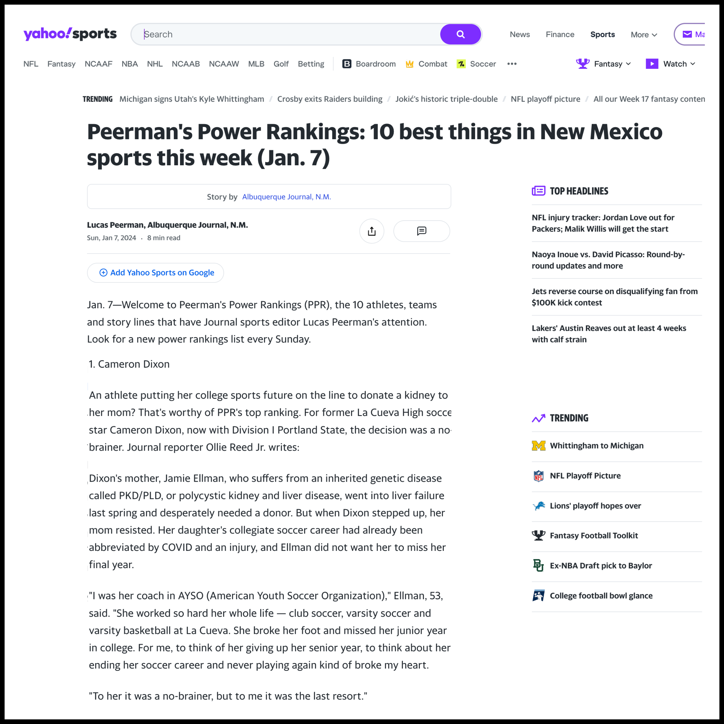 Screenshot of Yahoo Sports webpage titled 'Peerman's Power Rankings: 10 best things in New Mexico sports this week (Jan. 7)', with articles and trending news on sports topics on the right sidebar.