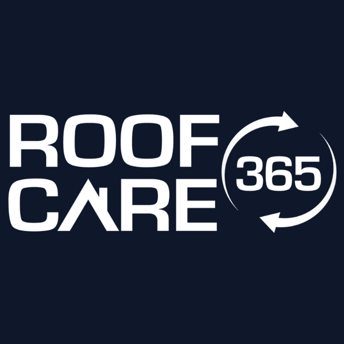 Logo with the words "Roof Care 365" and circular arrows around the number 365, indicating year-round roof maintenance.