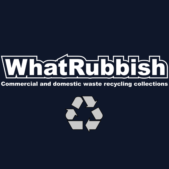 Logo for WhatRubbish, a recycling collection service for commercial and domestic waste, with a recycling symbol below the text.