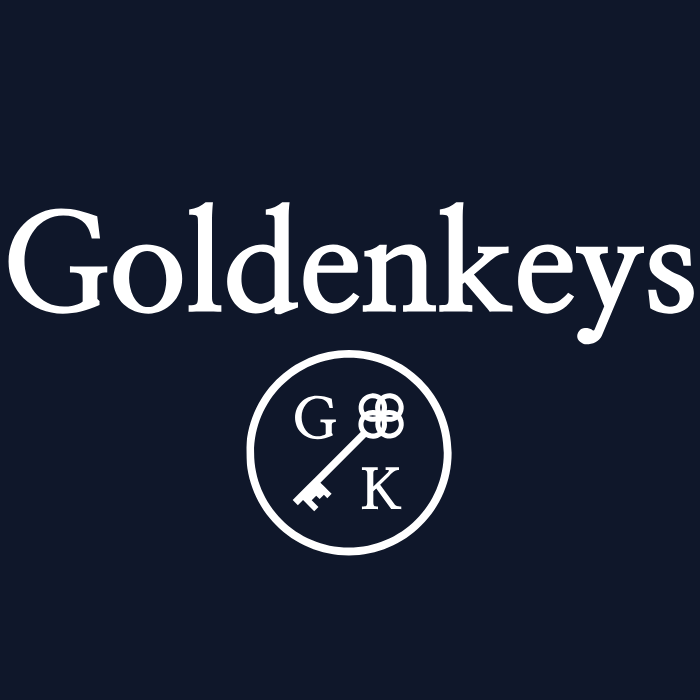 Logo with the word 'Goldenkeys' and a key illustration inside a circle with the letters G, K, and a decorative key head.