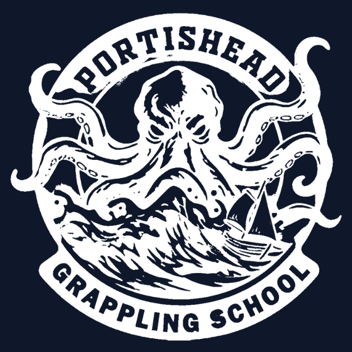 A black and white logo for Portishead Grappling School featuring an octopus with a ship and waves underneath, surrounded by the text "Portishead Grappling School."