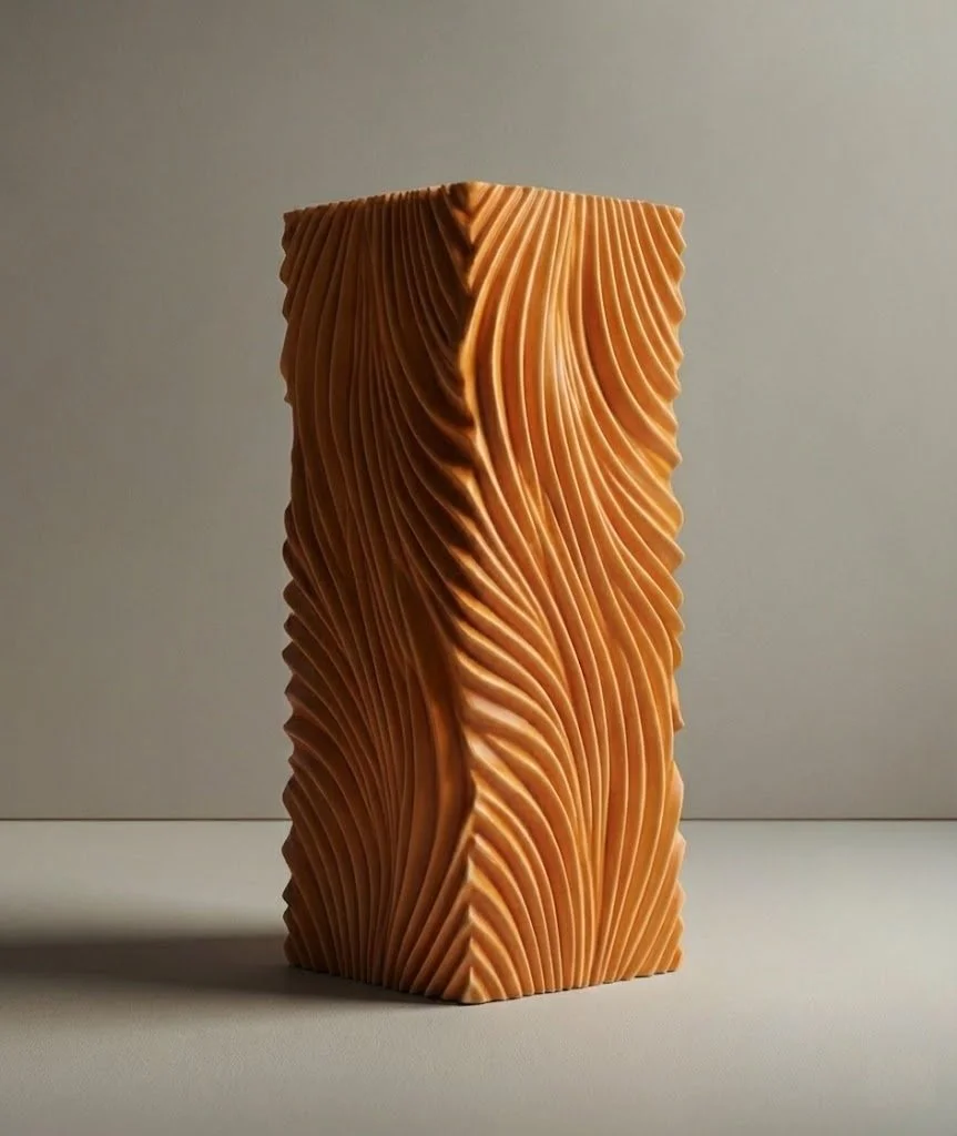 A tall, rectangular vase with a textured, wavy, orange surface representing detail and nuance.
