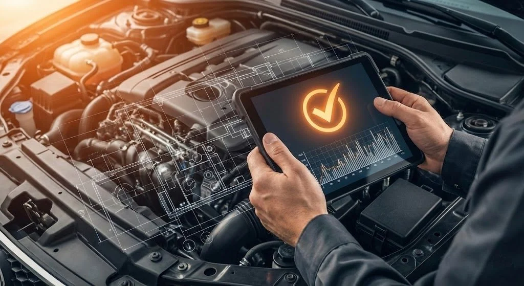 A person holding a tablet with a checkmark icon and a graph, inspecting a car engine with digital overlay schematics.