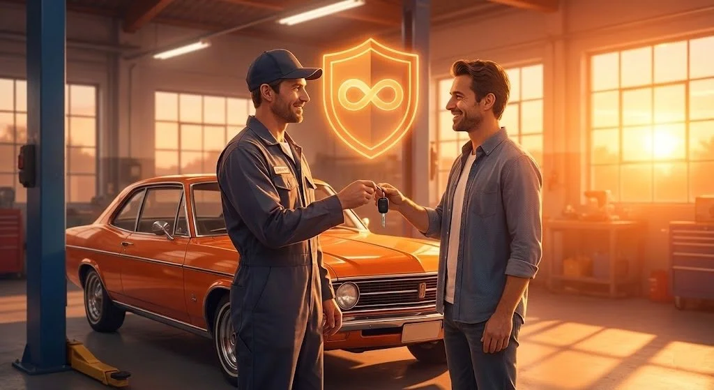 A mechanic in uniform hands car keys to a smiling customer inside a well-lit garage during sunset, with a vintage orange car in the background and a digital shield with an infinity symbol glowing above them.