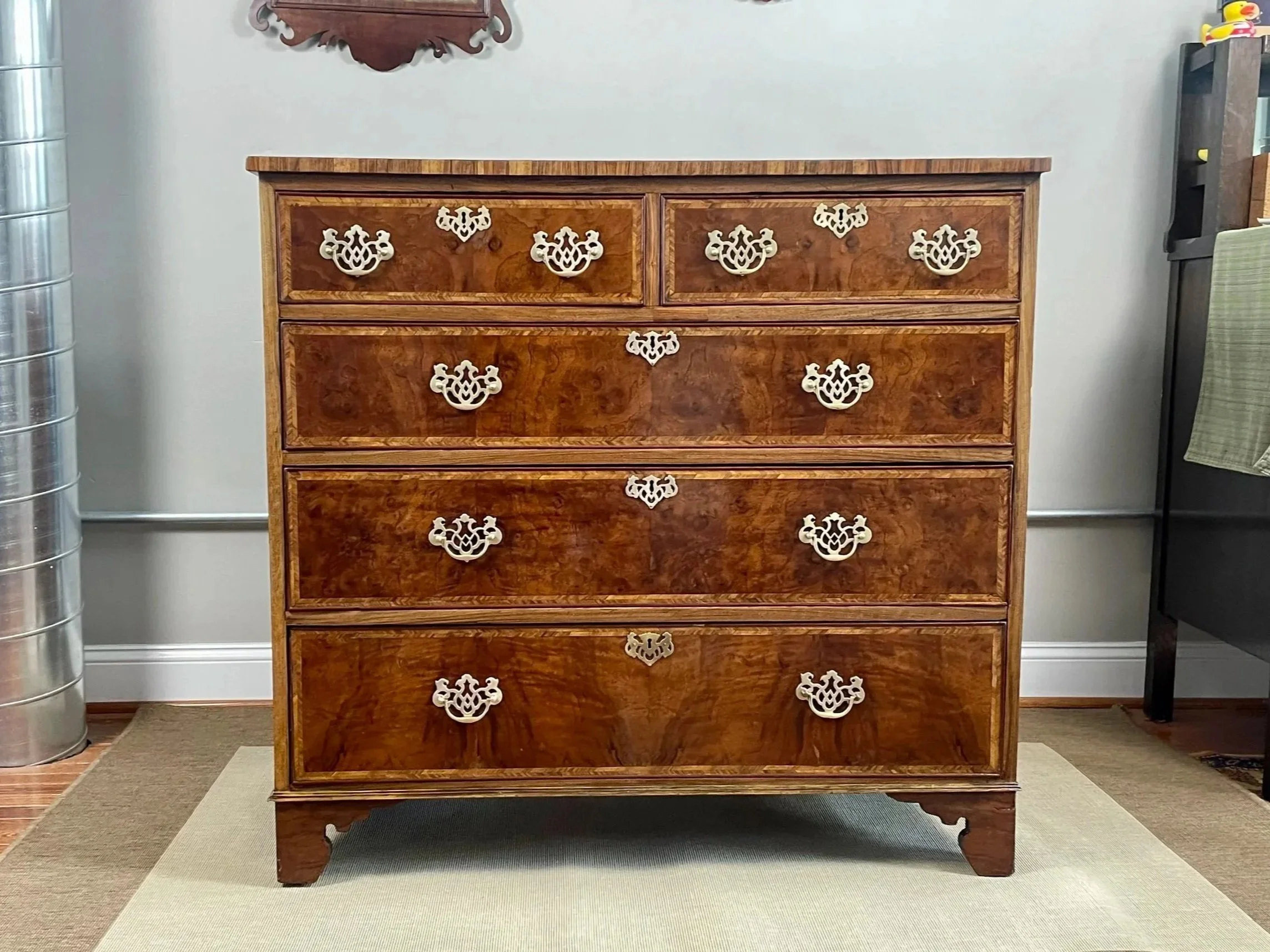 Antique English Burl Walnut Chest, Queen Anne to Early Georgian, c. 1740–1760