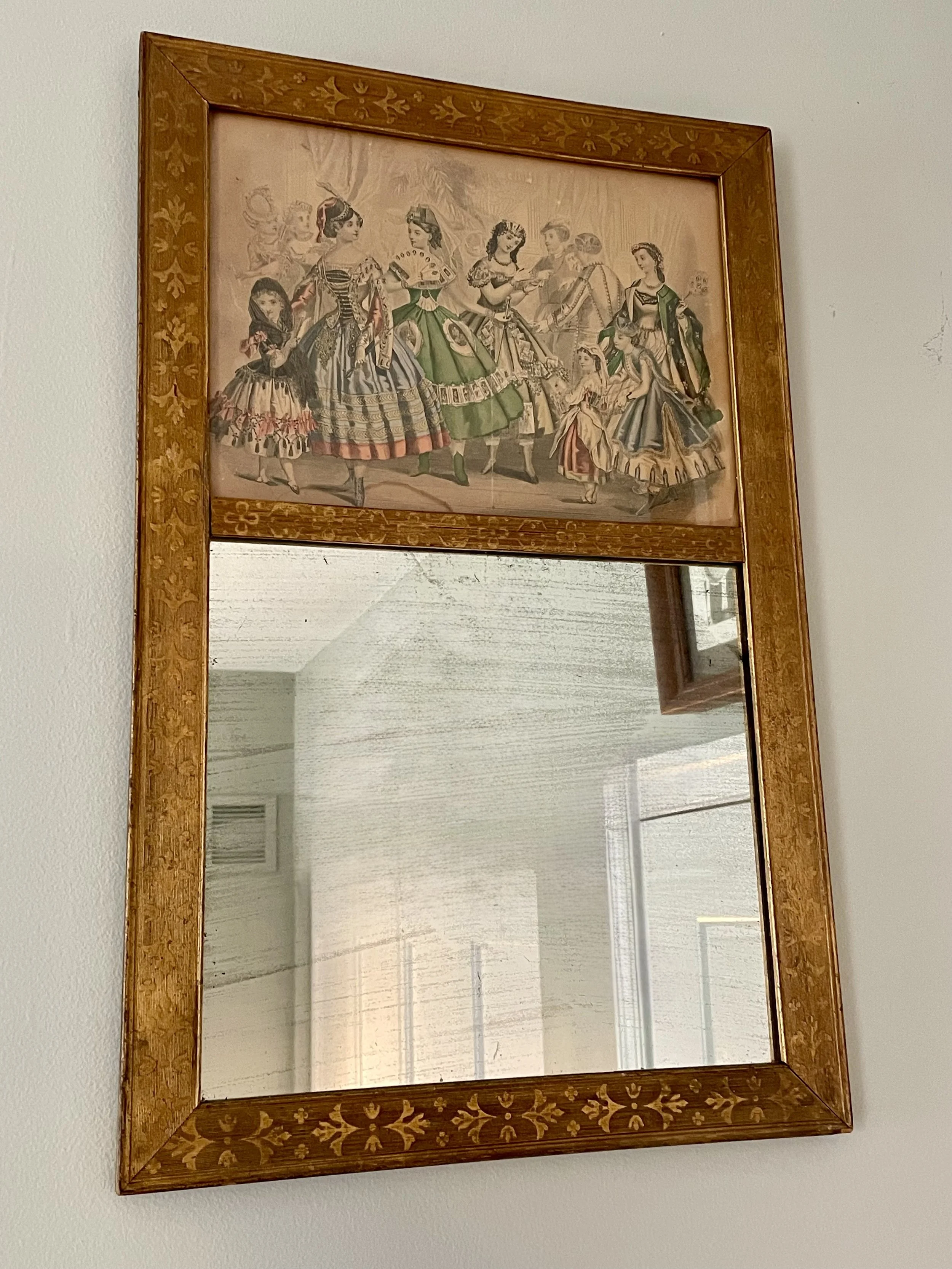 Mid-19th C. Gilt Mirror with Hand-Colored Fashion Print