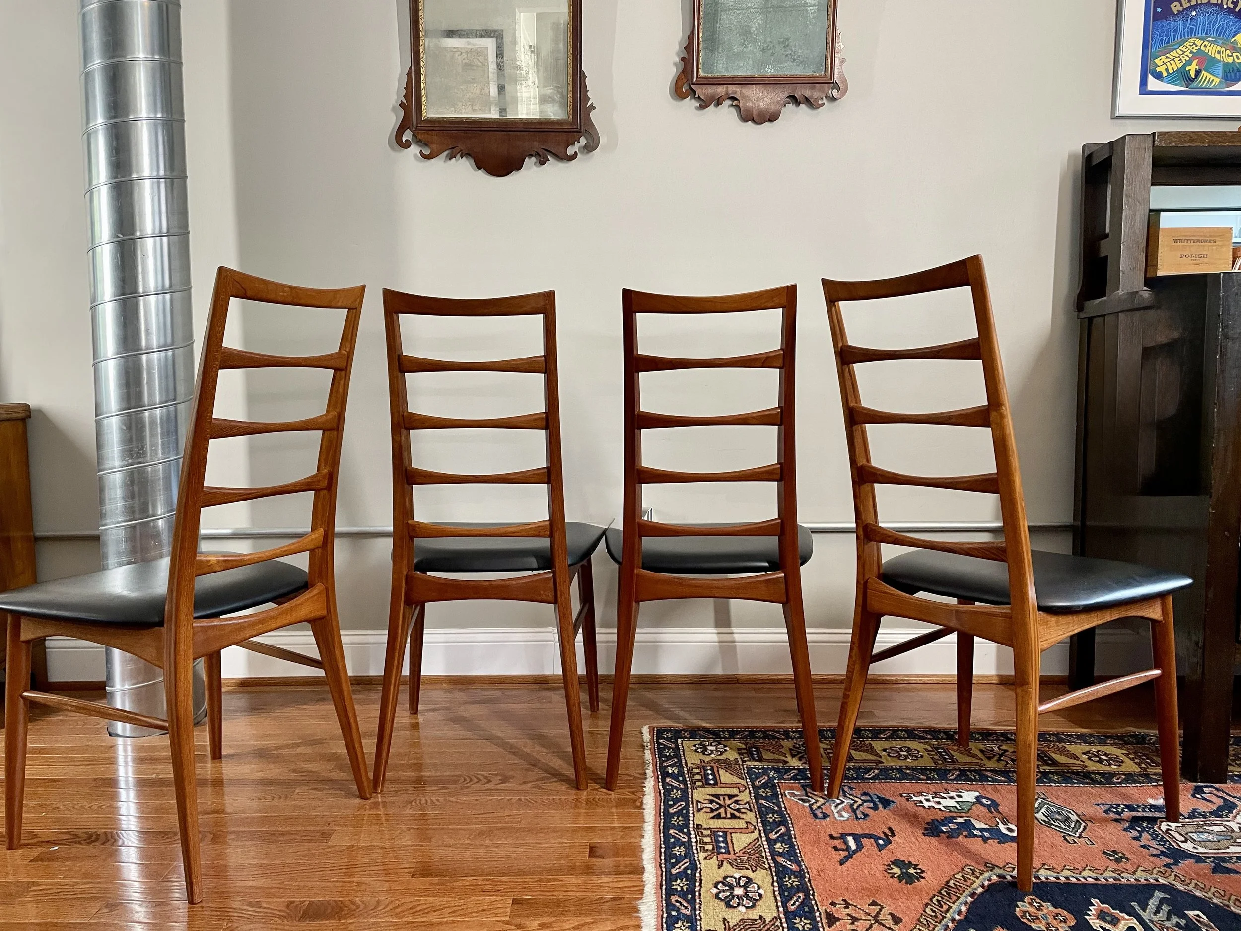 Backs look good too. One pair came with the original factory spray lacquer. The other pair had a light coat of Danish oil, so it was necessary to strip both, lightly sand and refinish with a better product. 