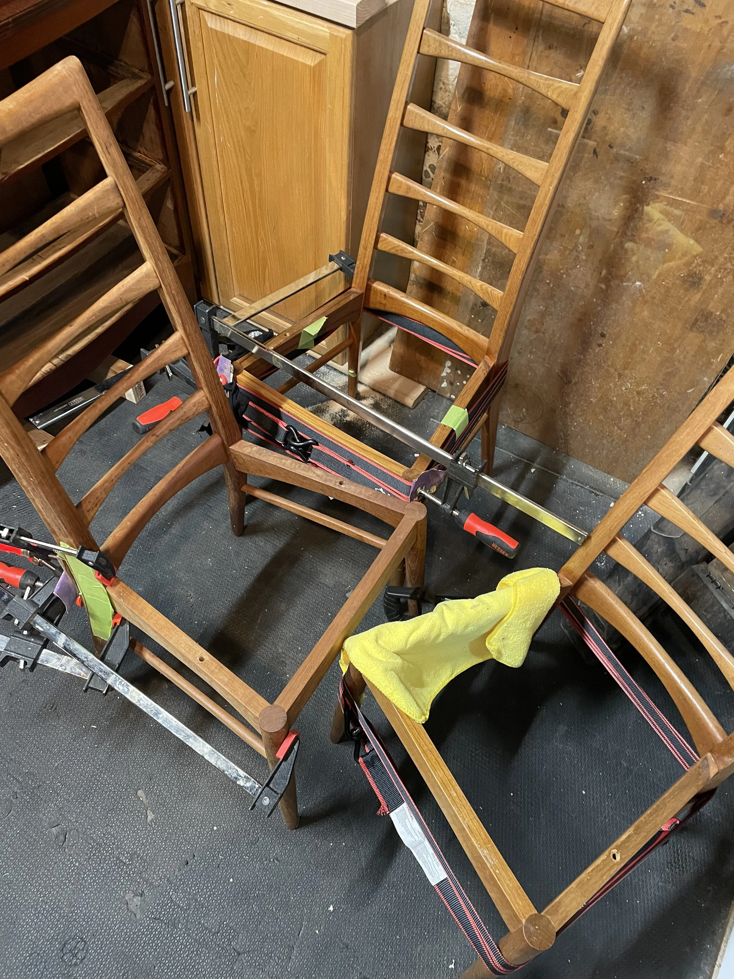 Gluing and clamping loose joints. 