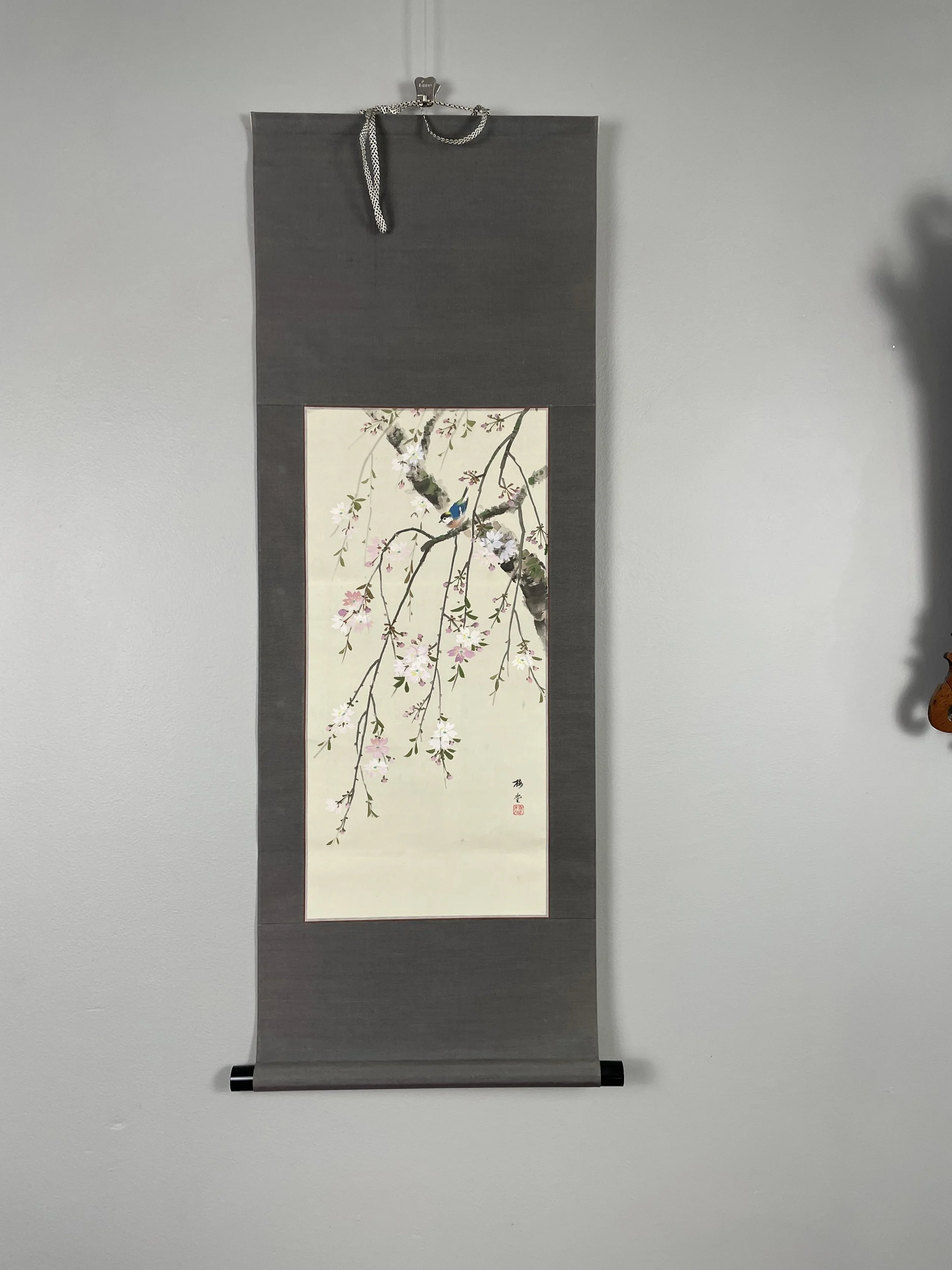 Blue Bird & Cherry Blossoms, Japanese Hand-Painted Silk Kakejiku (Hanging Scroll), Early-Mid 20th Century