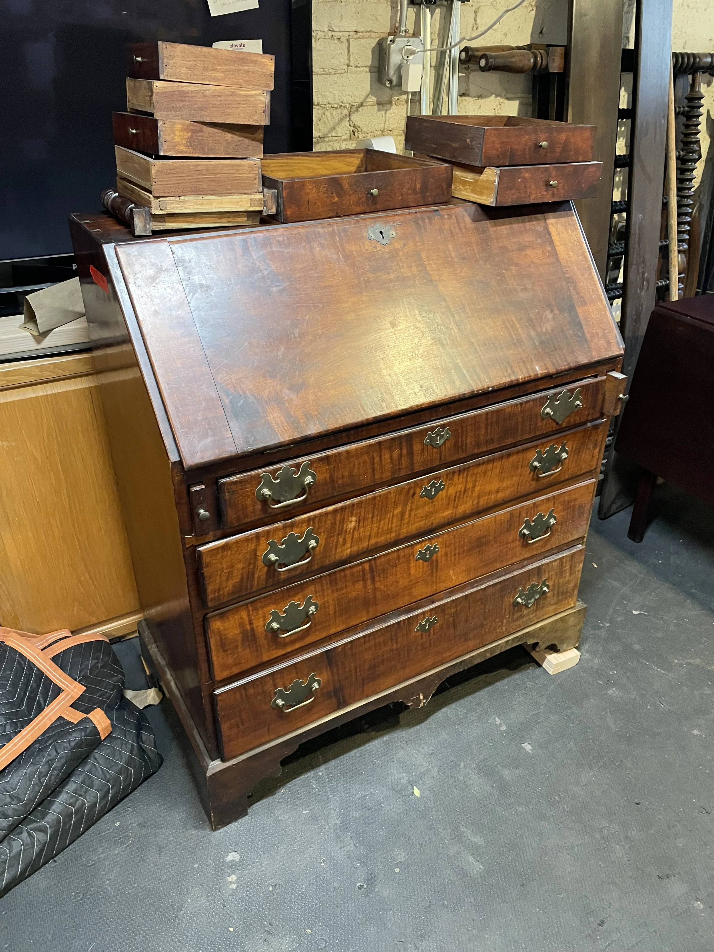 Mid 18th century tiger maple slant top desk, New England, maybe Massachusetts 