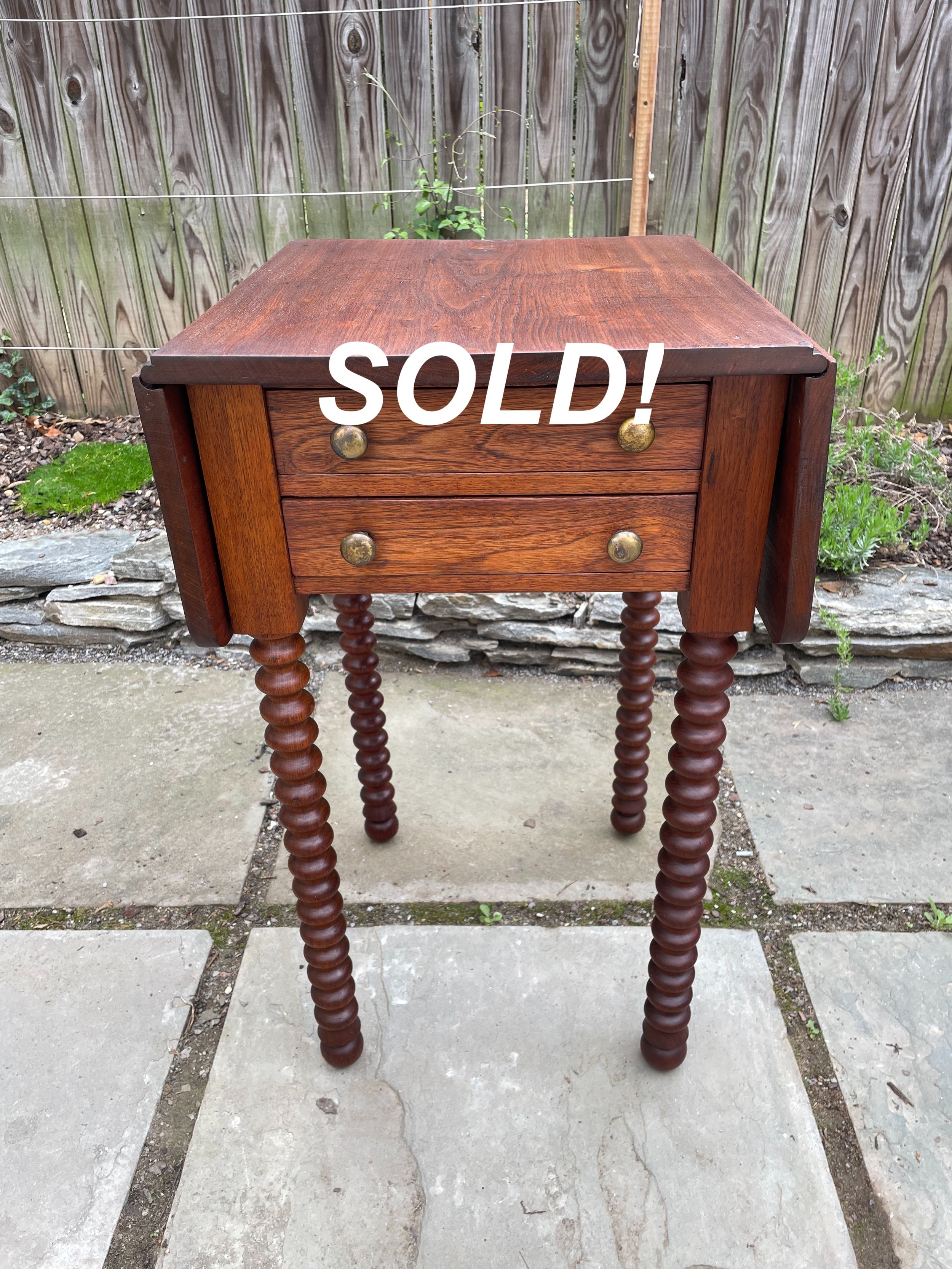 Signed/Dated Antique Walnut Side Table w/ Bobbin Turned Legs -- 19th Century